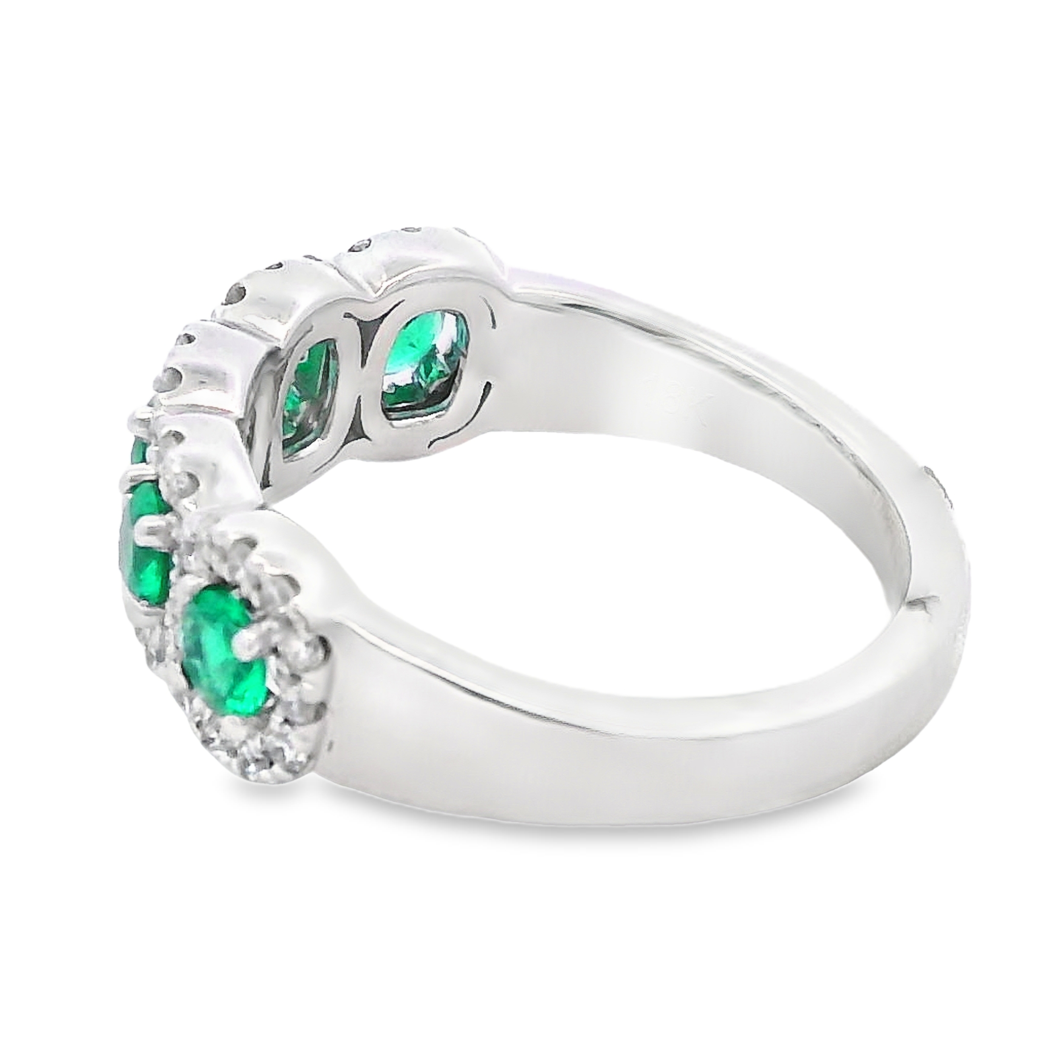 18K White Gold Emerald and Diamond 5-Stone Halos Ring