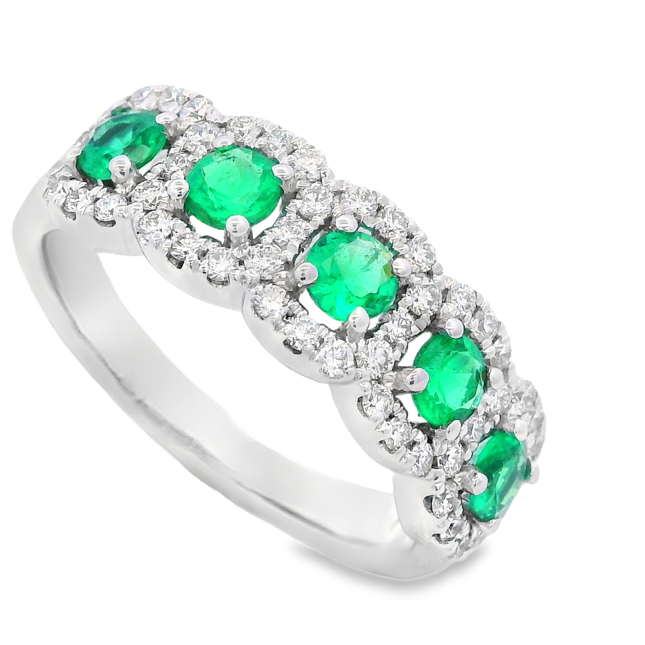 18K White Gold Emerald and Diamond 5-Stone Halos Ring