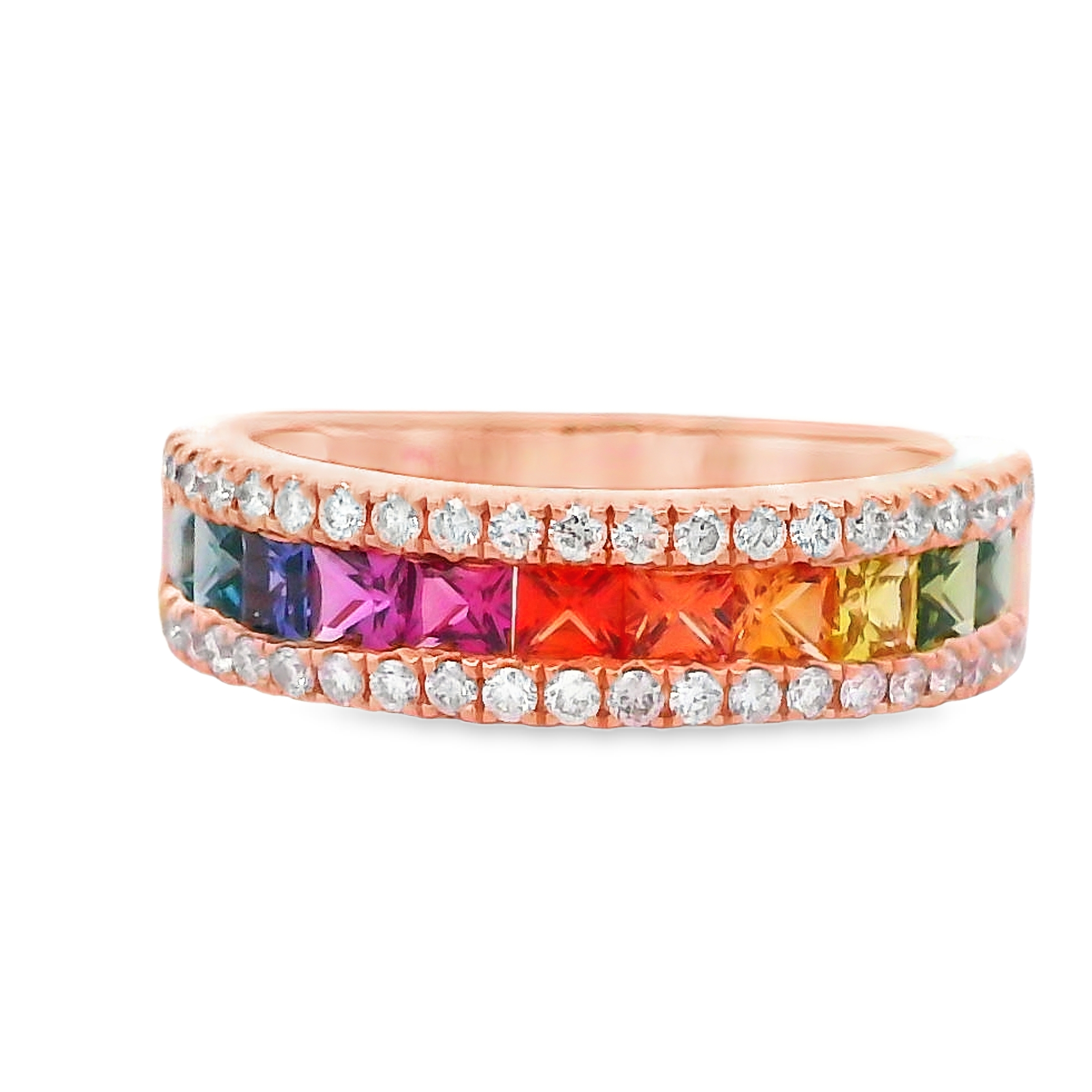 18K Rose Gold Rainbow Sapphire and Diamond Rows Ring