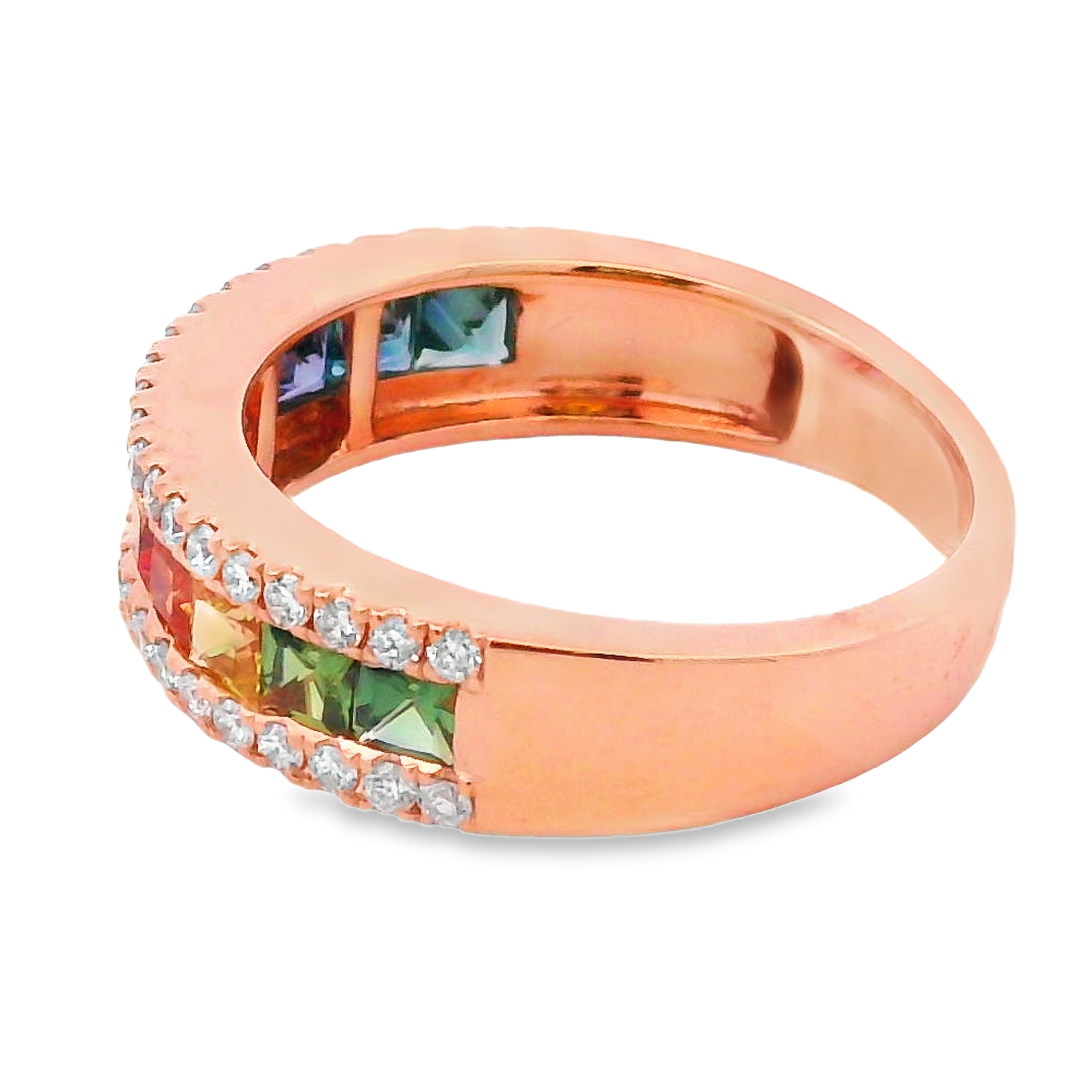 18K Rose Gold Rainbow Sapphire and Diamond Rows Ring