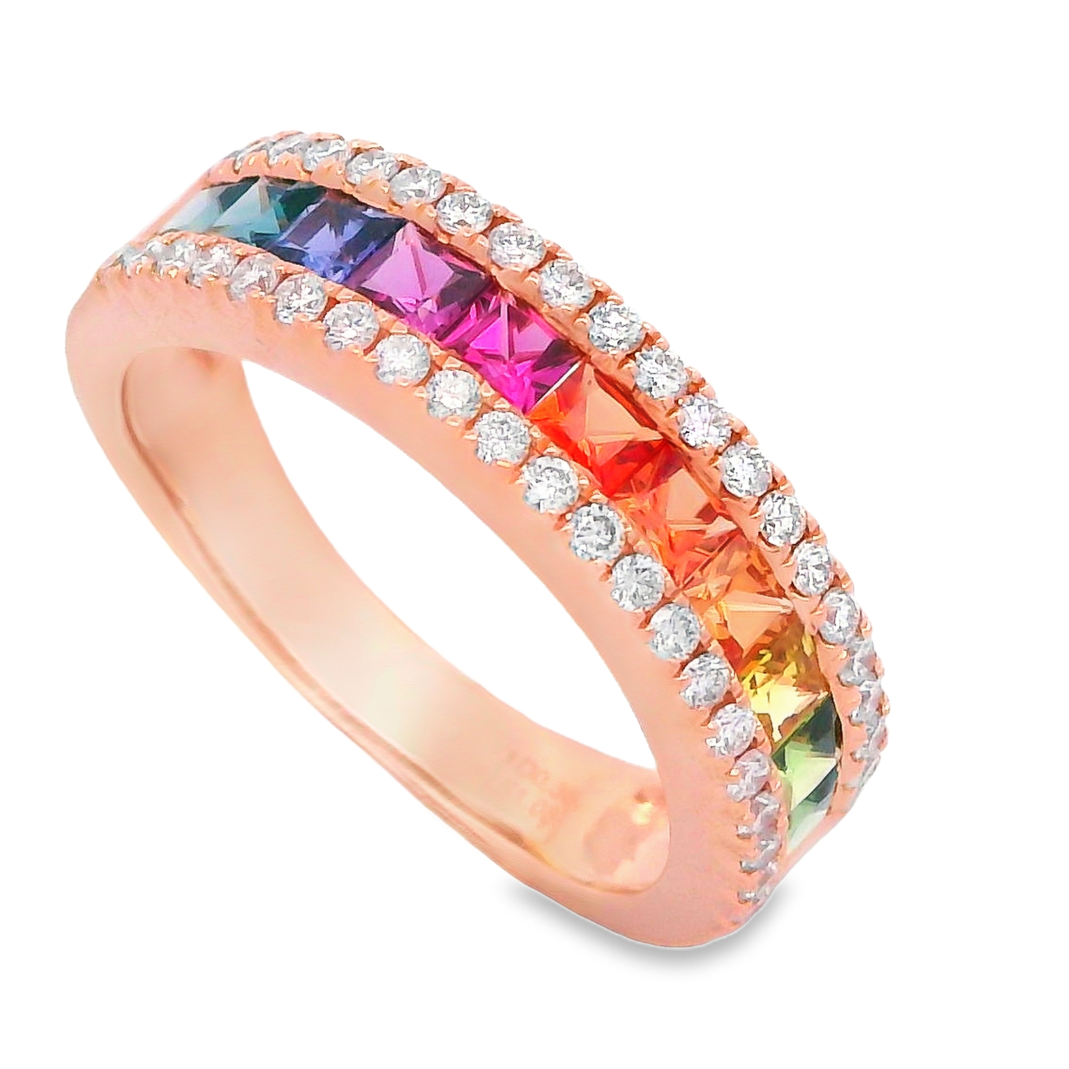18K Rose Gold Rainbow Sapphire and Diamond Rows Ring