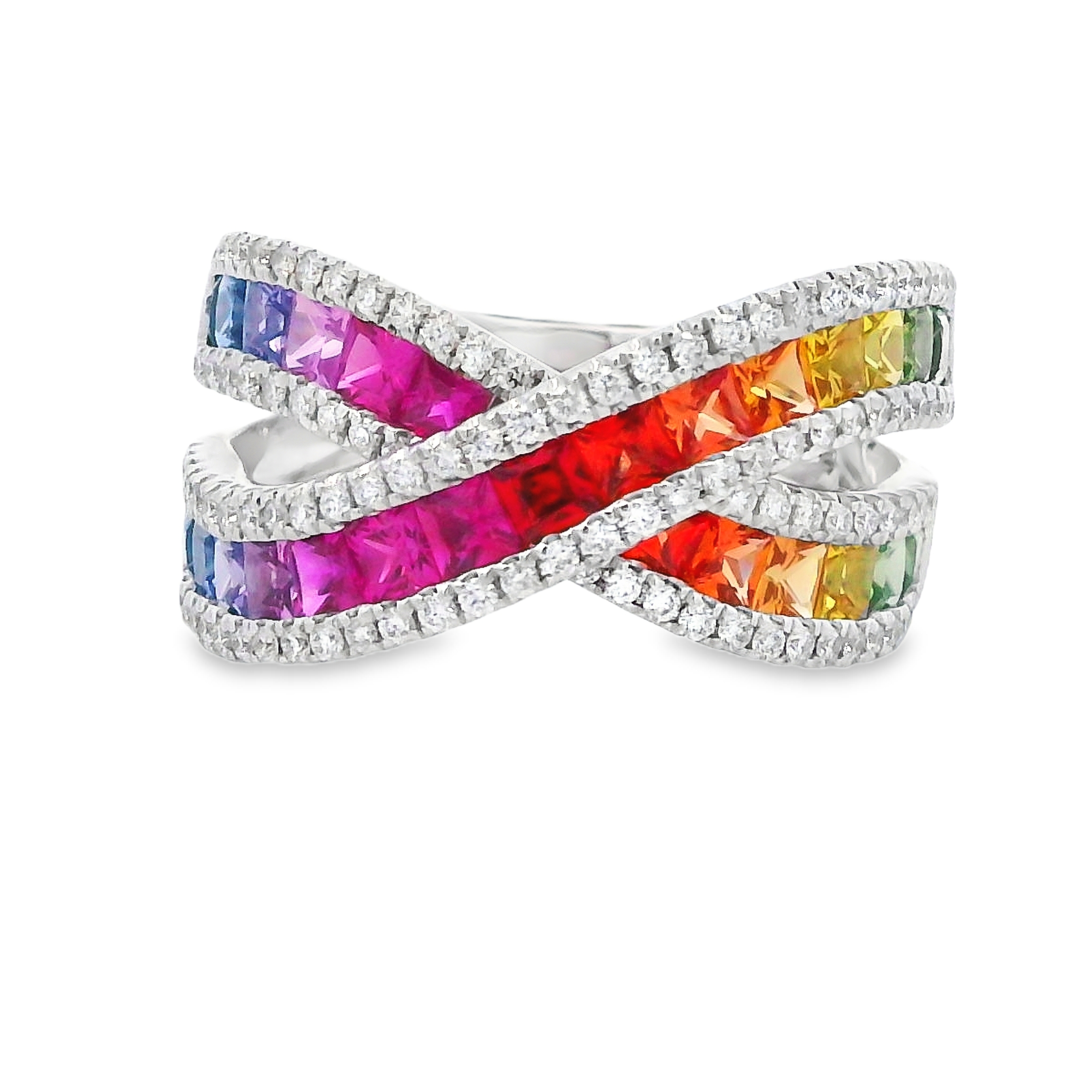 18K White Gold Rainbow Sapphire And Diamond Crossover Ring