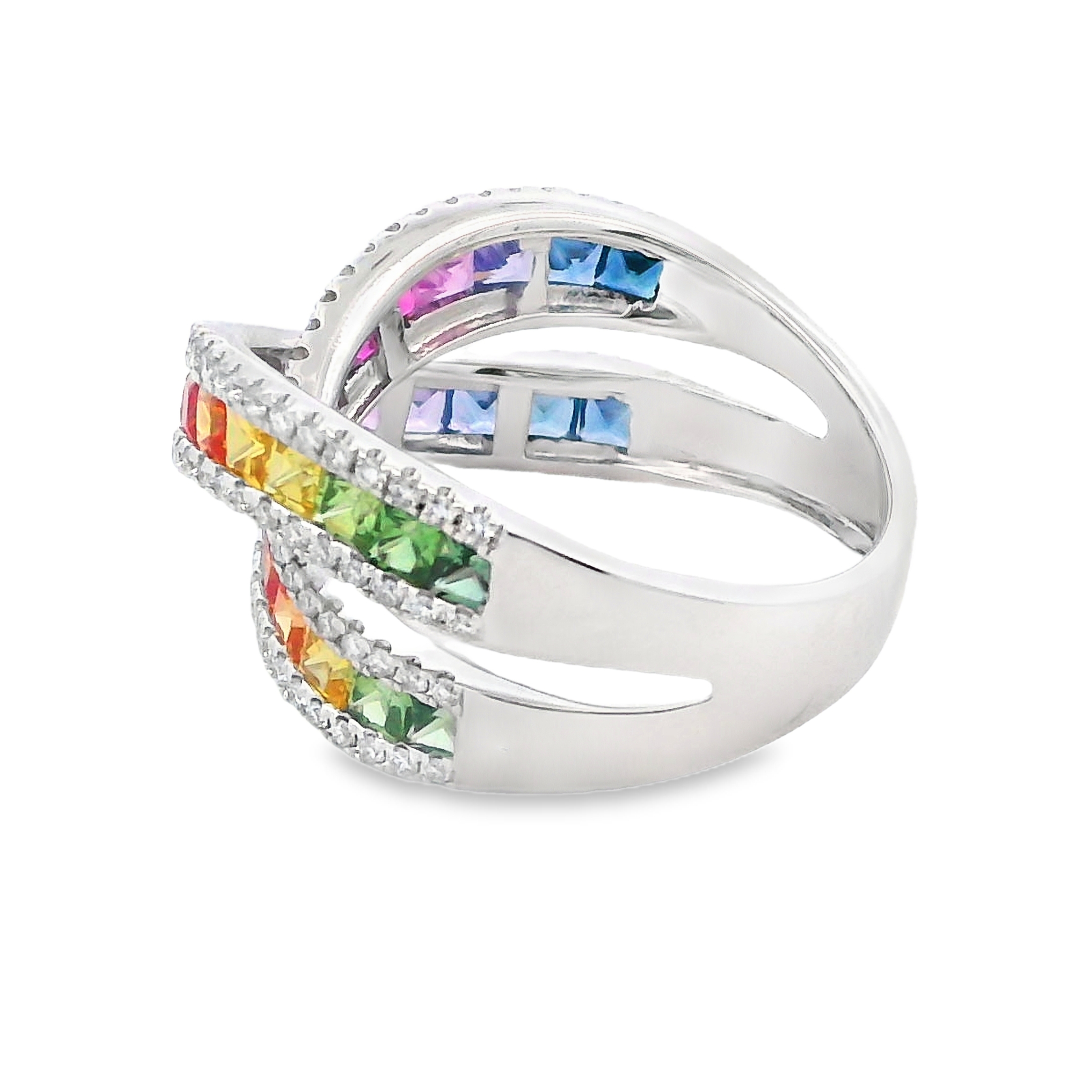 18K White Gold Rainbow Sapphire And Diamond Crossover Ring