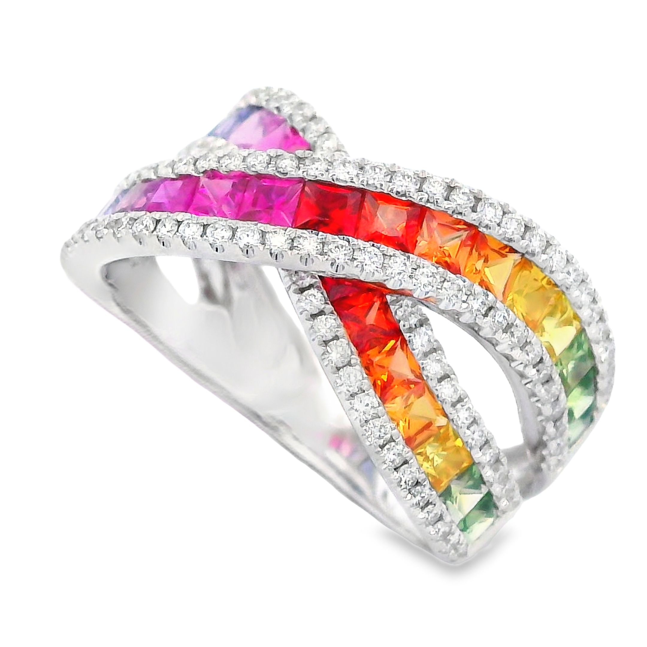 18K White Gold Rainbow Sapphire And Diamond Crossover Ring