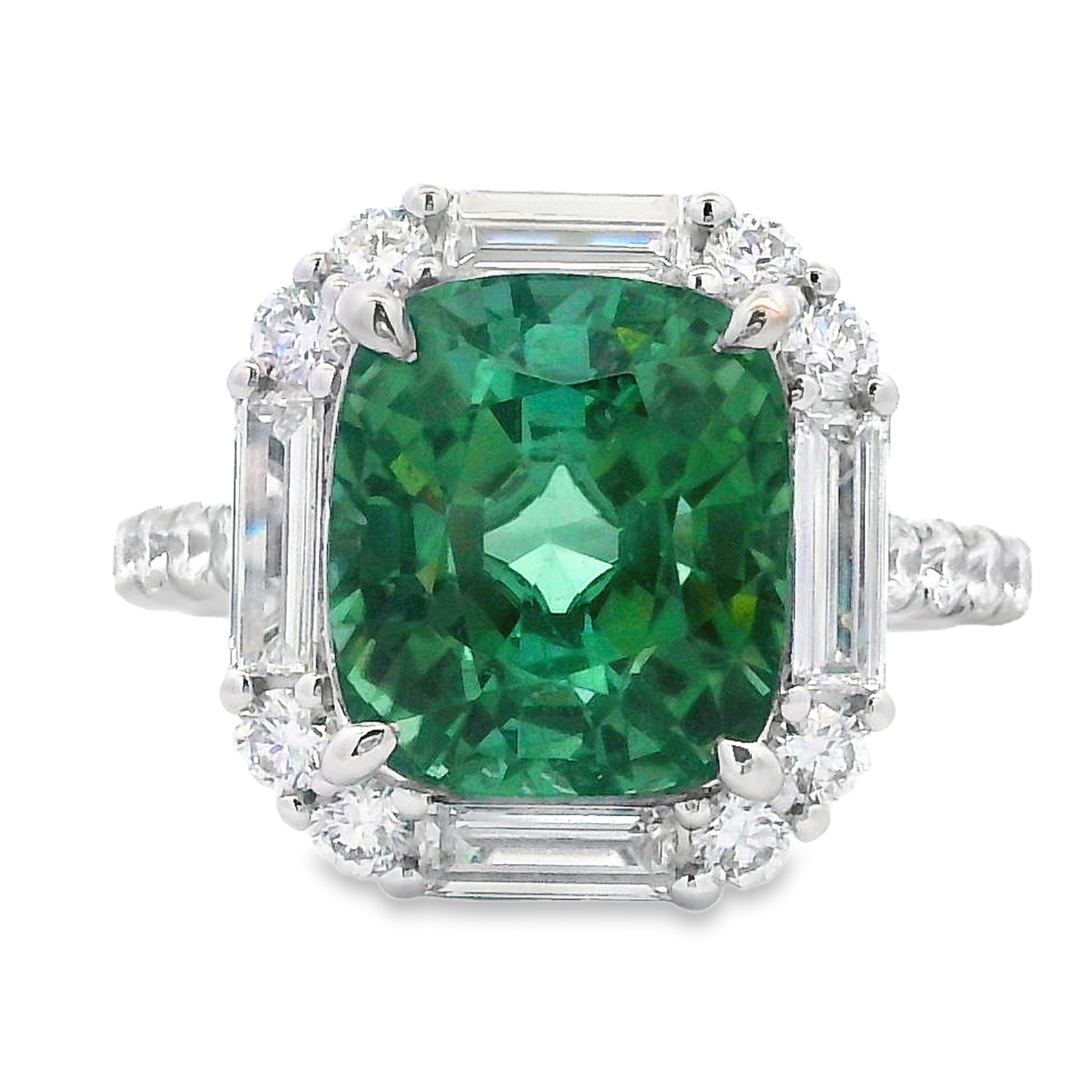 18K White Gold Green Tourmaline and Diamond Halo Ring