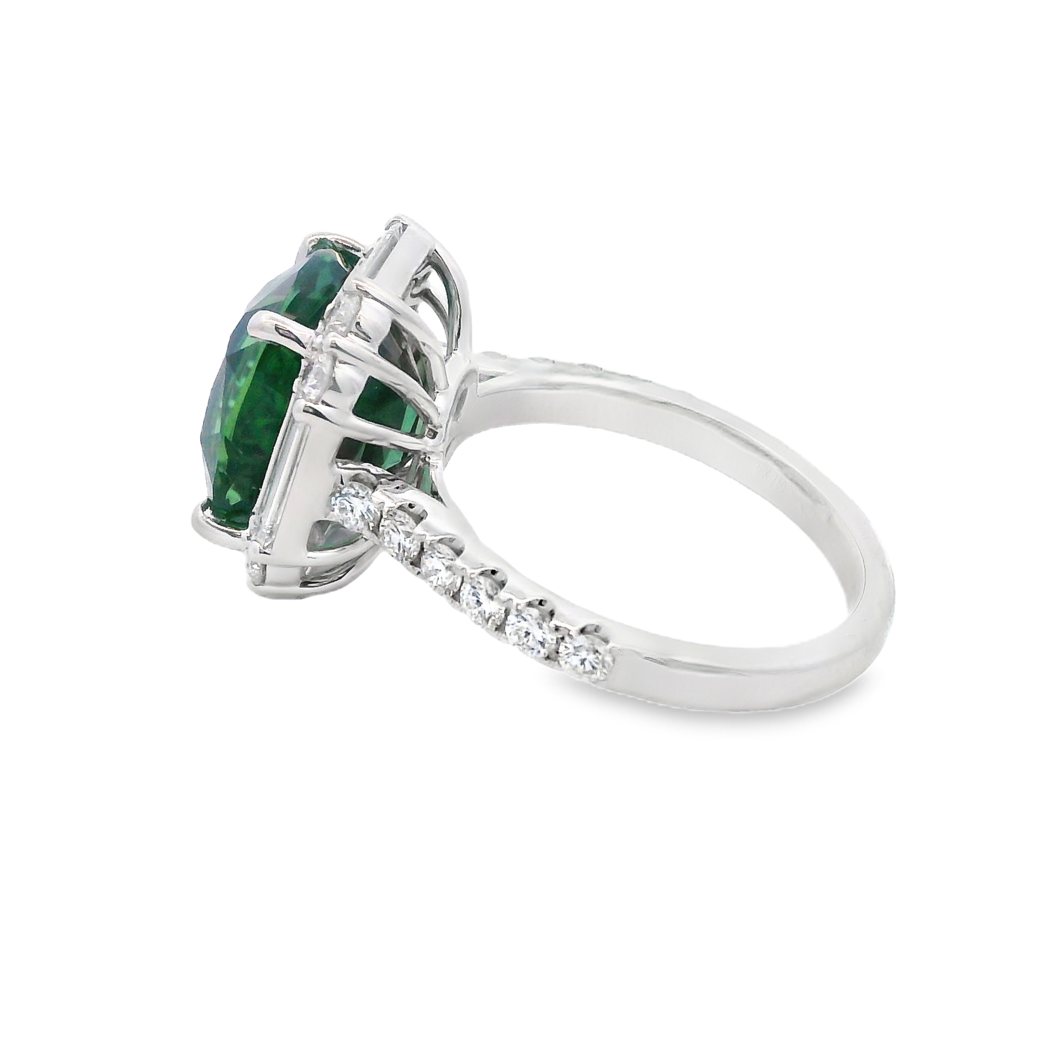 18K White Gold Green Tourmaline and Diamond Halo Ring