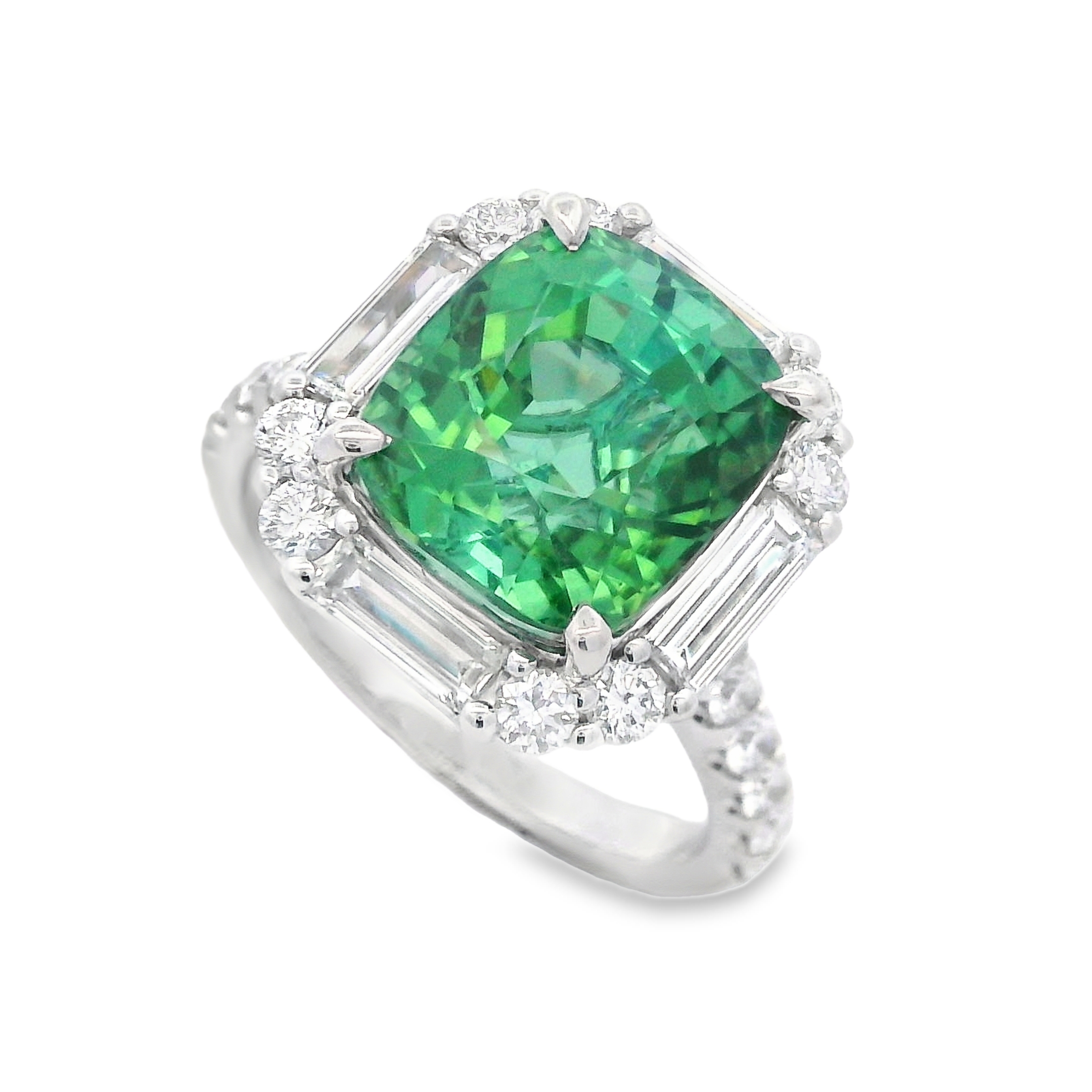 18K White Gold Green Tourmaline and Diamond Halo Ring