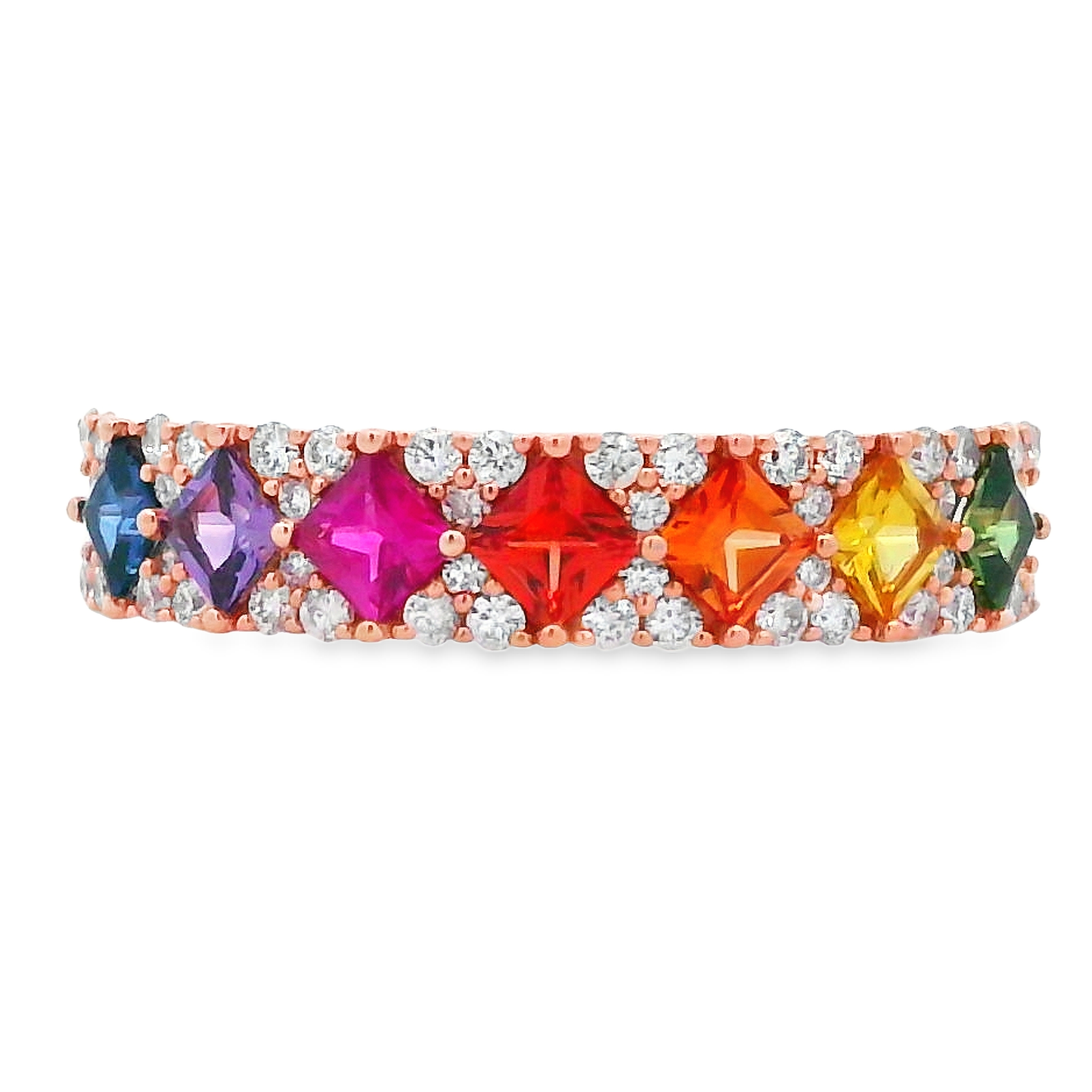 18K Rose Gold Rainbow Sapphire and Diamond Checkerboard Row Ring