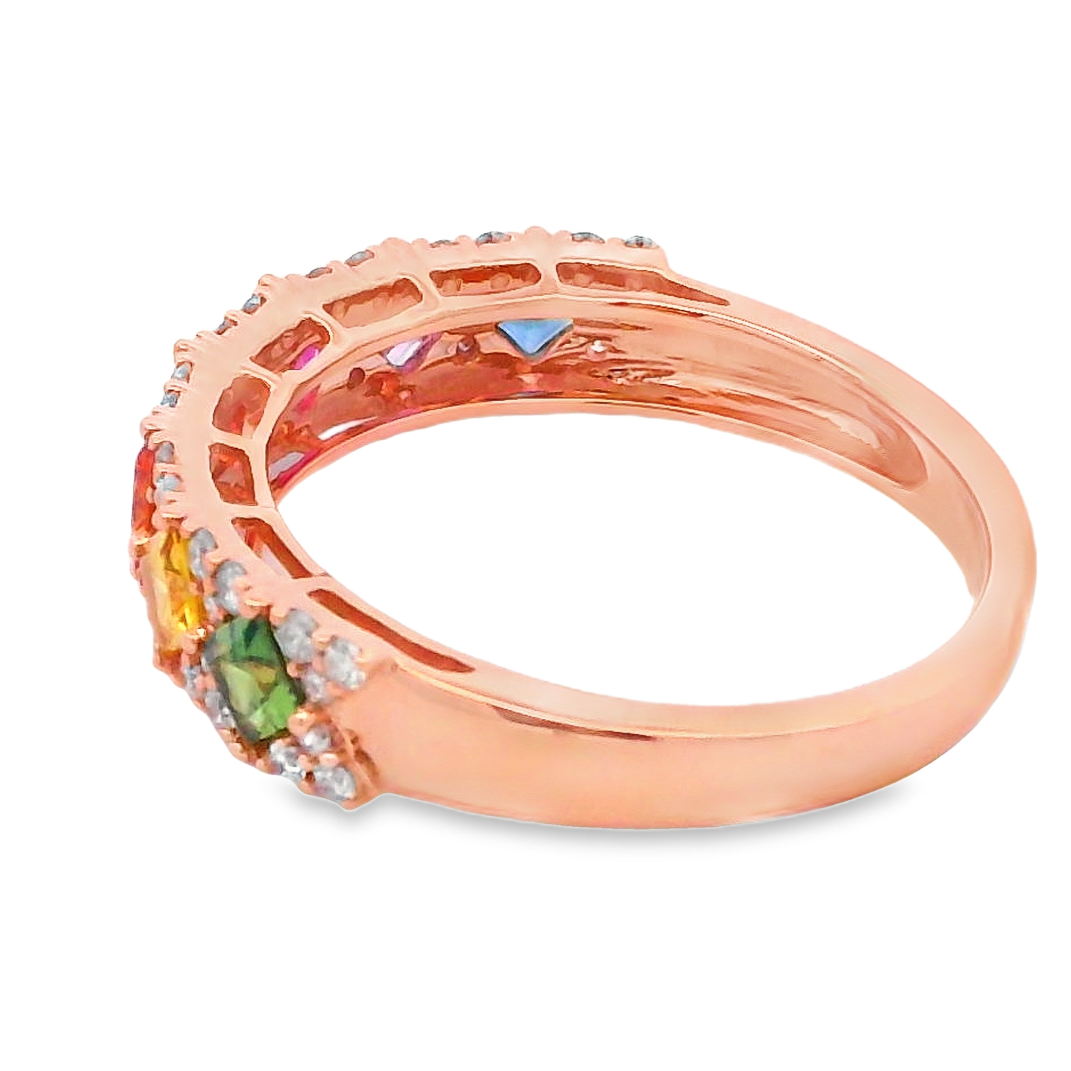 18K Rose Gold Rainbow Sapphire and Diamond Checkerboard Row Ring