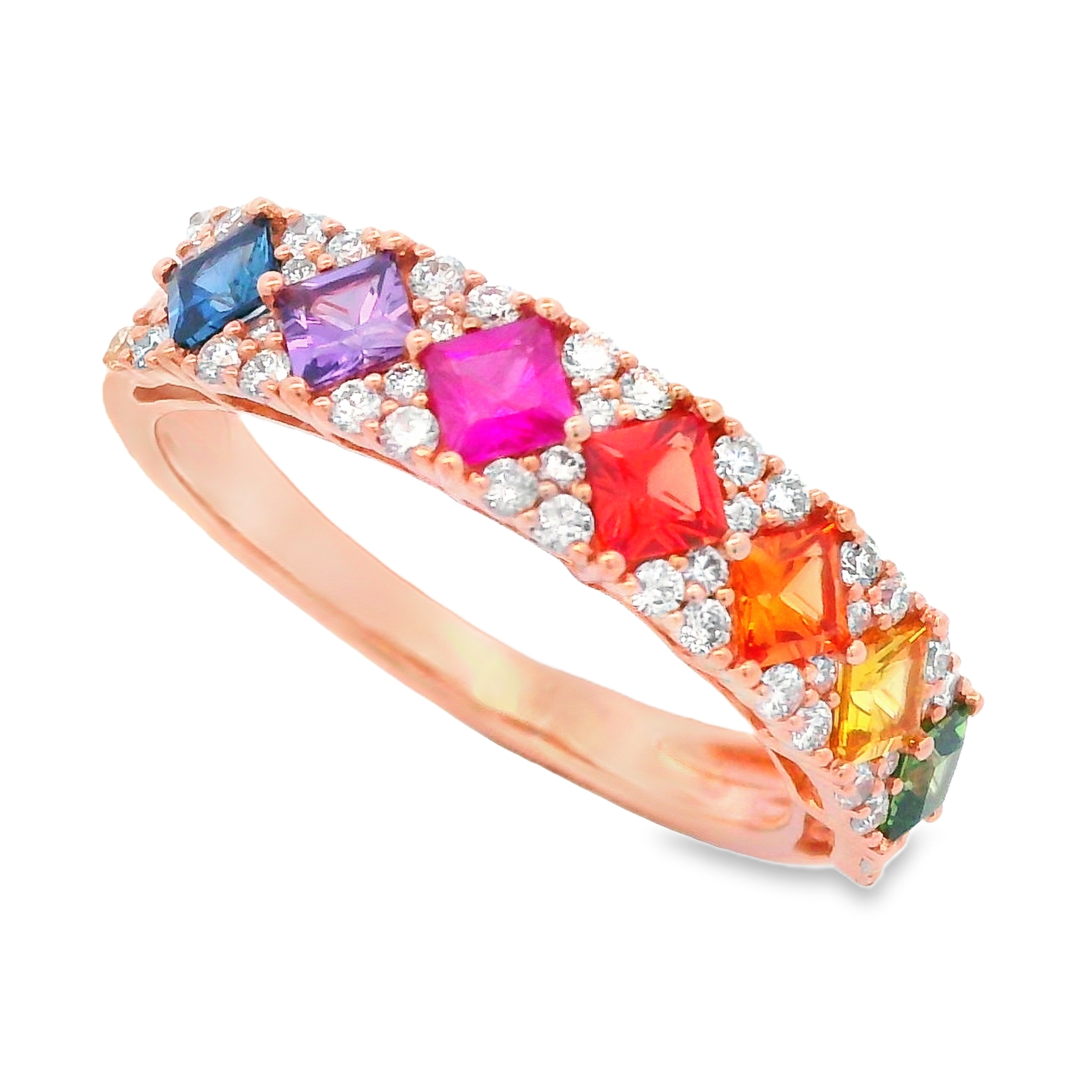 18K Rose Gold Rainbow Sapphire and Diamond Checkerboard Row Ring