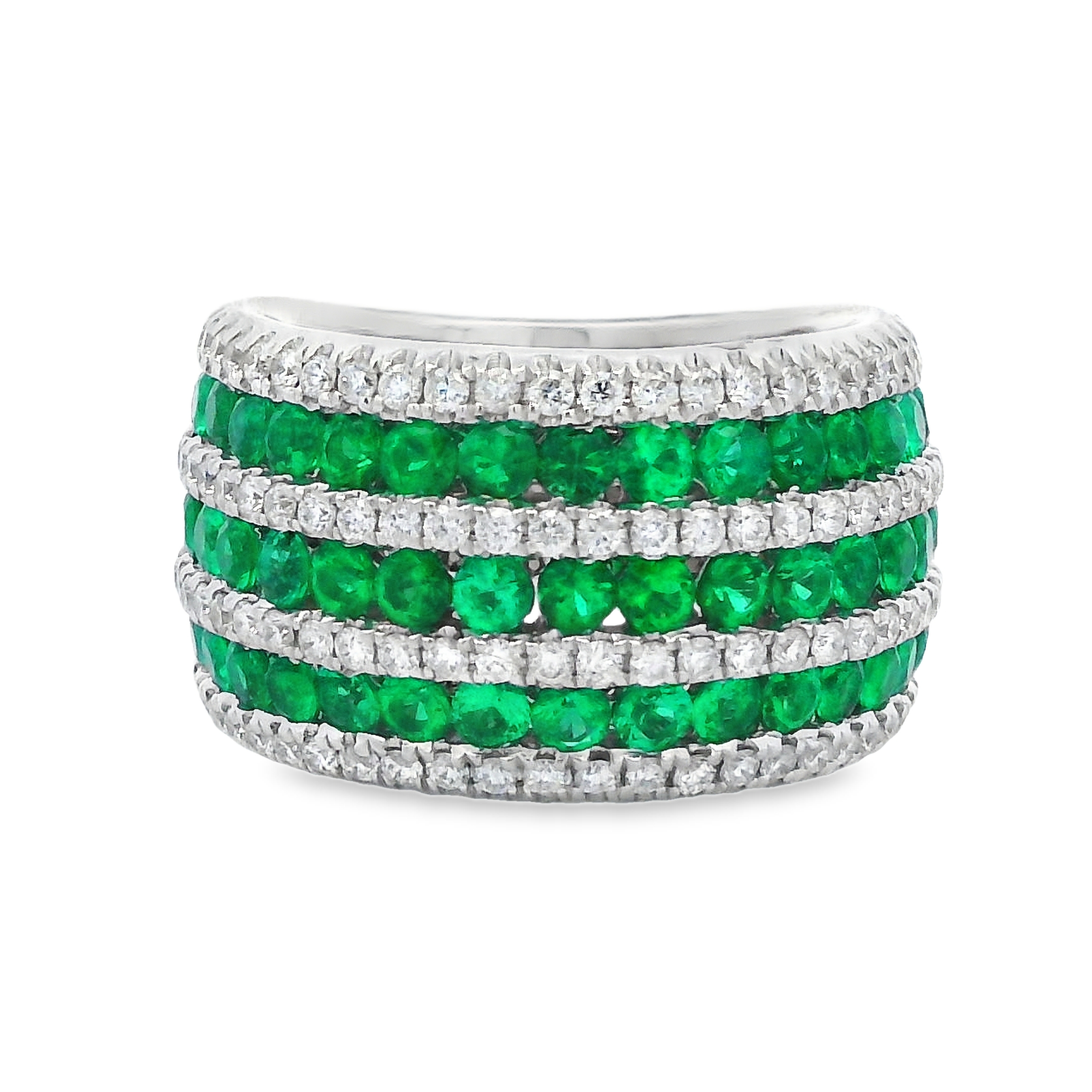 18K White Gold Emerald and Diamond Triple-Row Ring