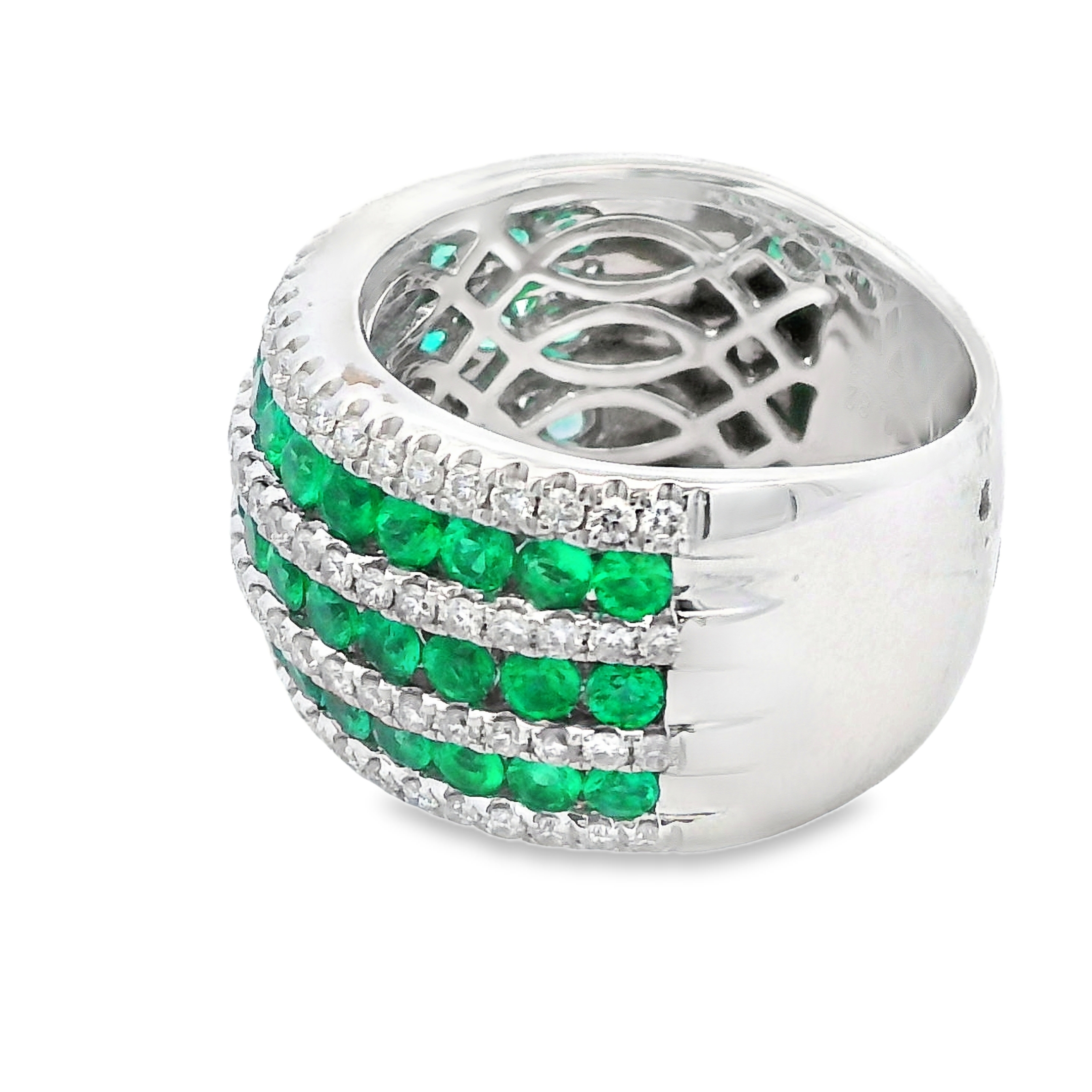 18K White Gold Emerald and Diamond Triple-Row Ring