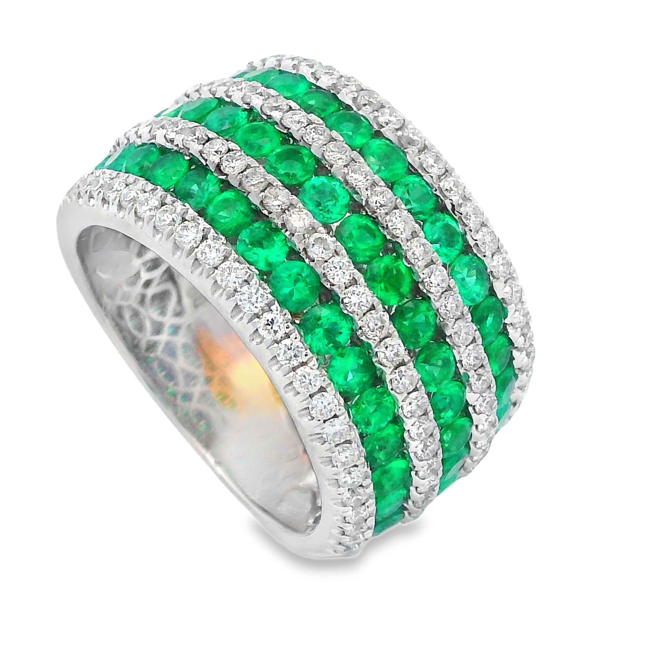 18K White Gold Emerald and Diamond Triple-Row Ring