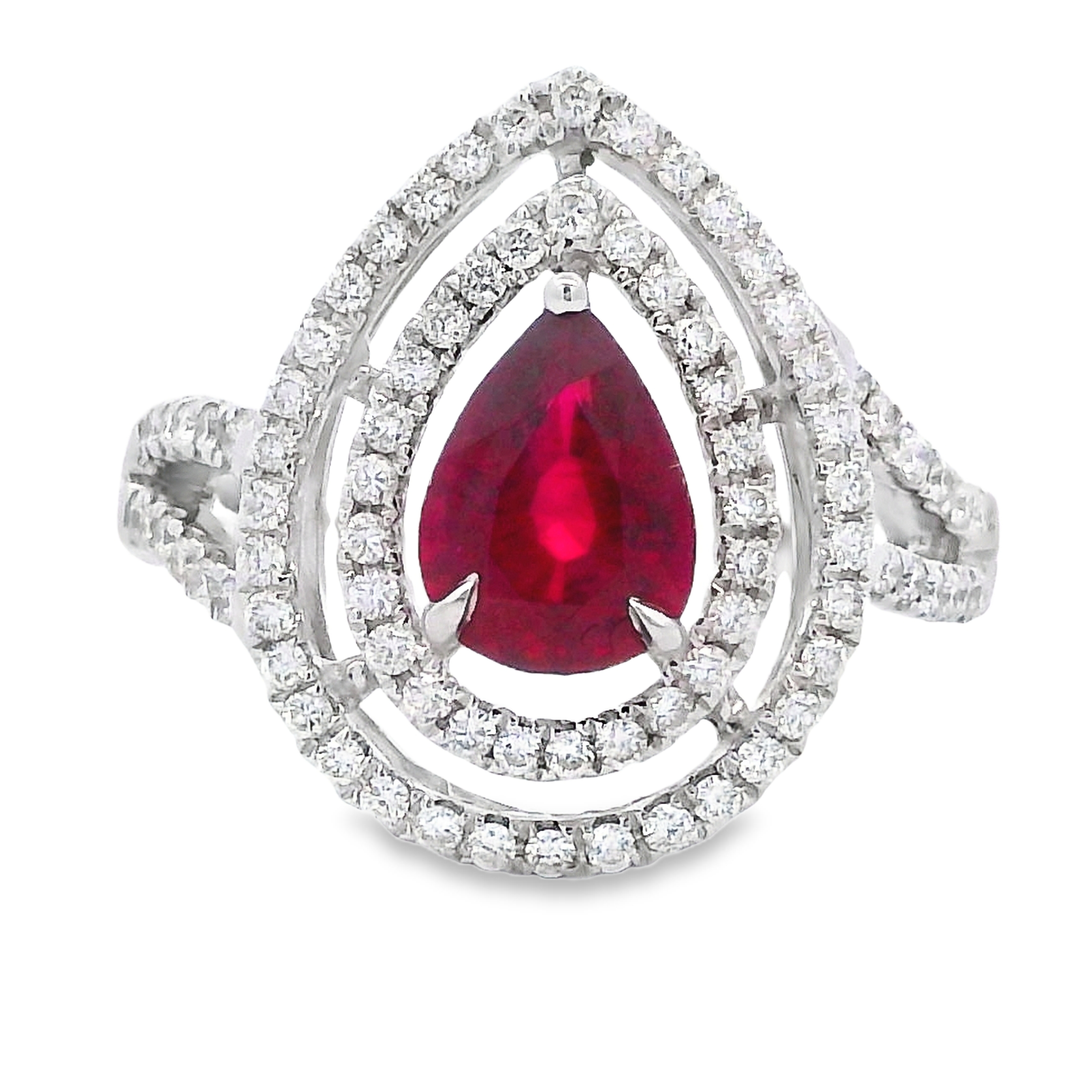 18K White Gold Pear Ruby and Diamond Double Halo Ring