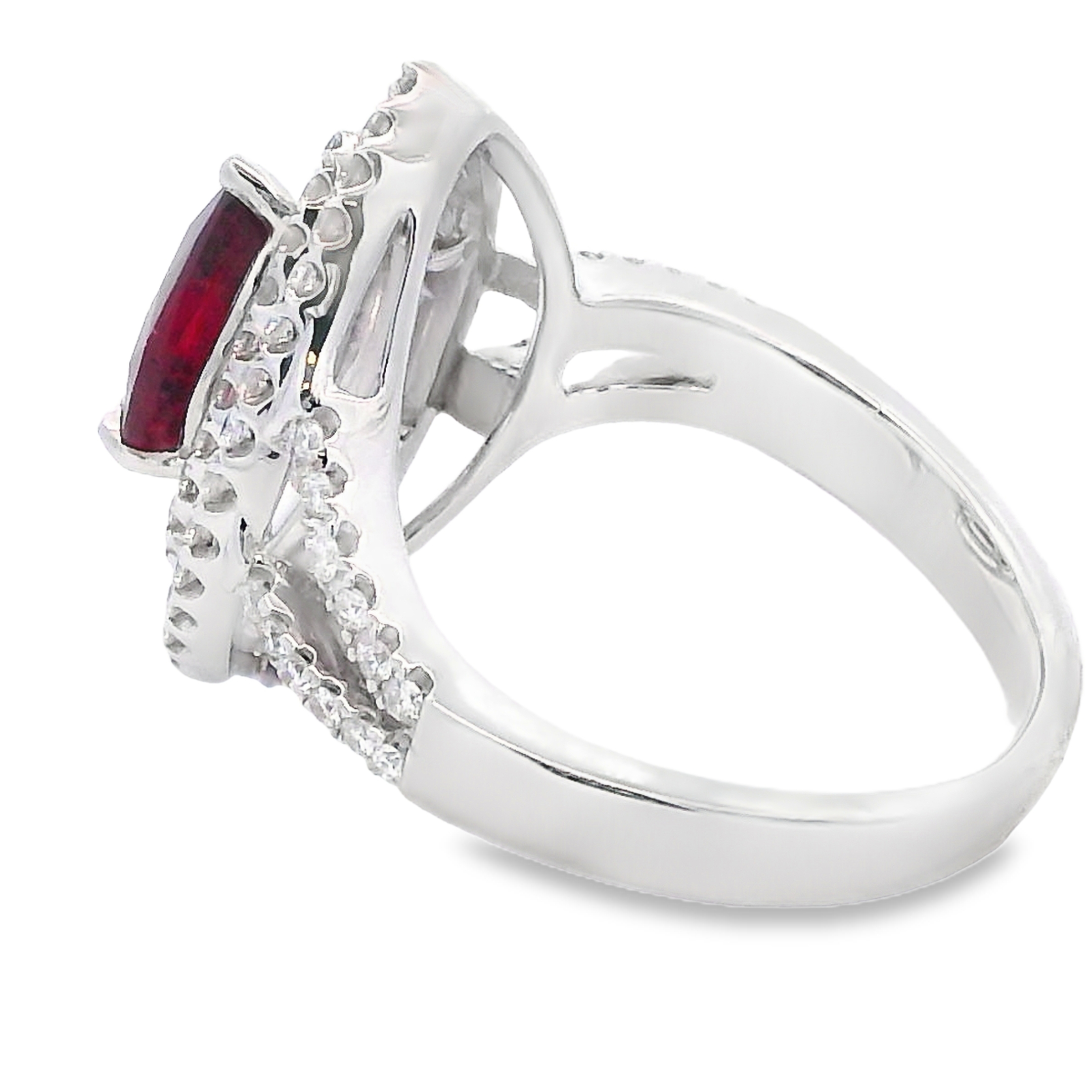 18K White Gold Pear Ruby and Diamond Double Halo Ring