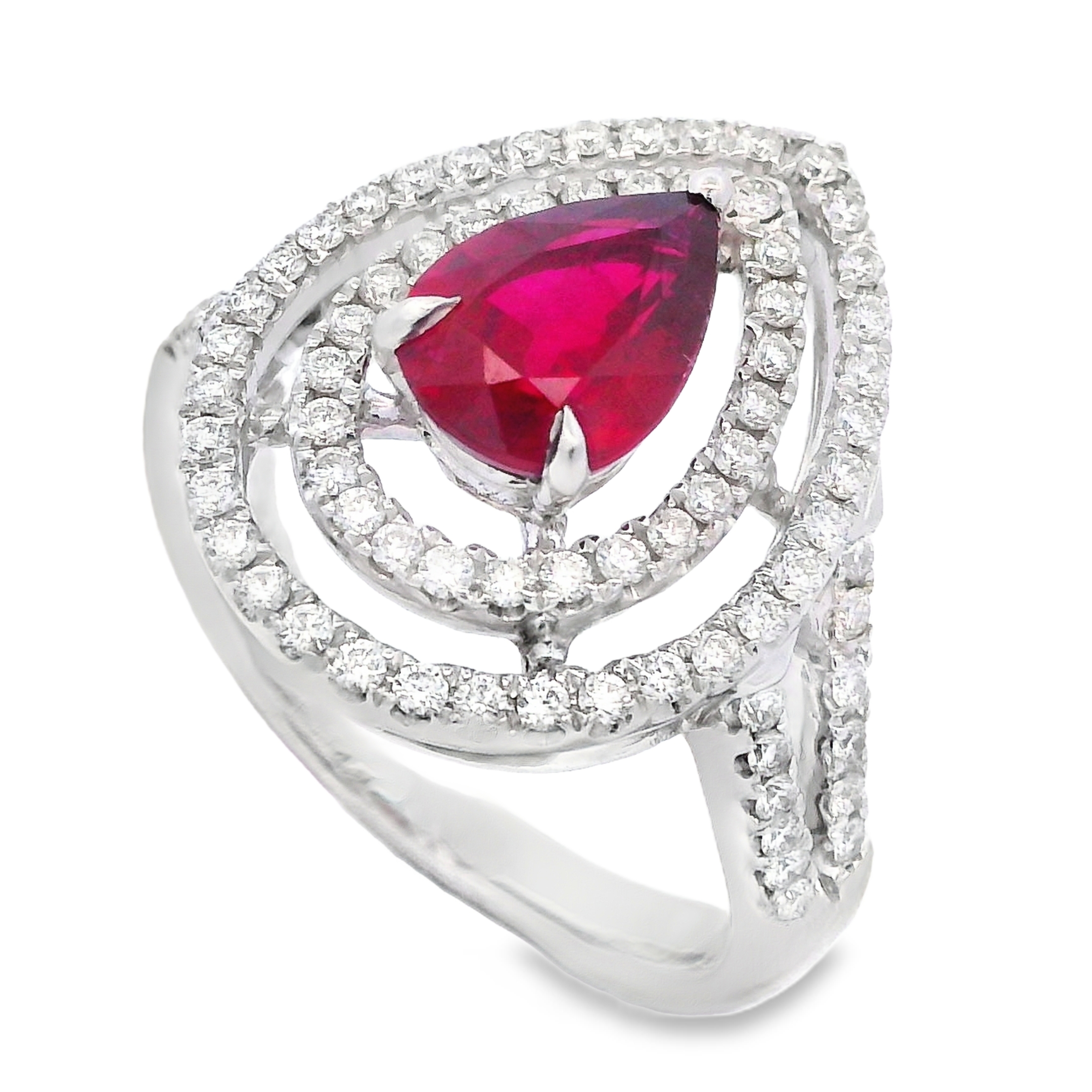 18K White Gold Pear Ruby and Diamond Double Halo Ring