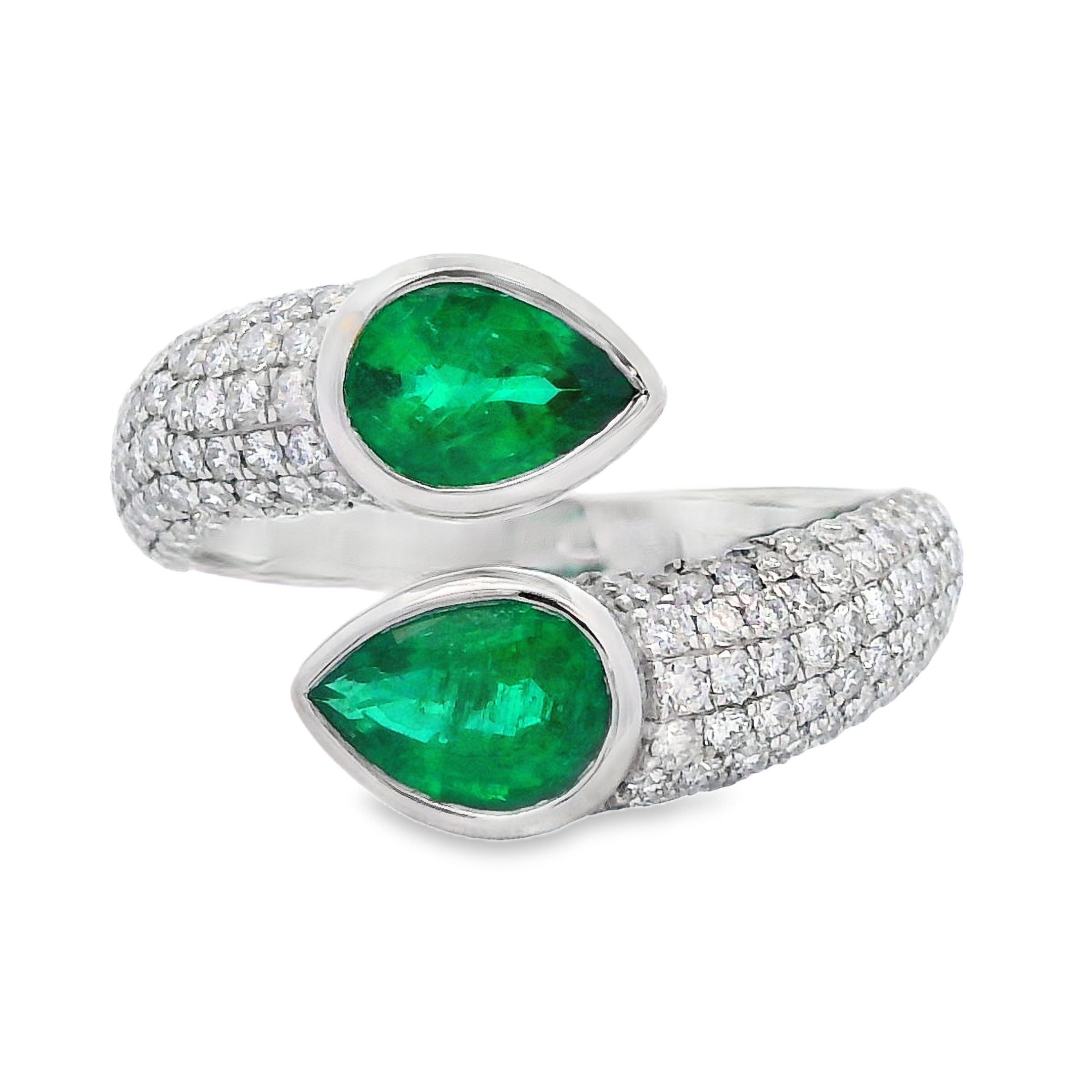 18K White Gold Pear-Cut Emerald and Diamond Bypass Ring