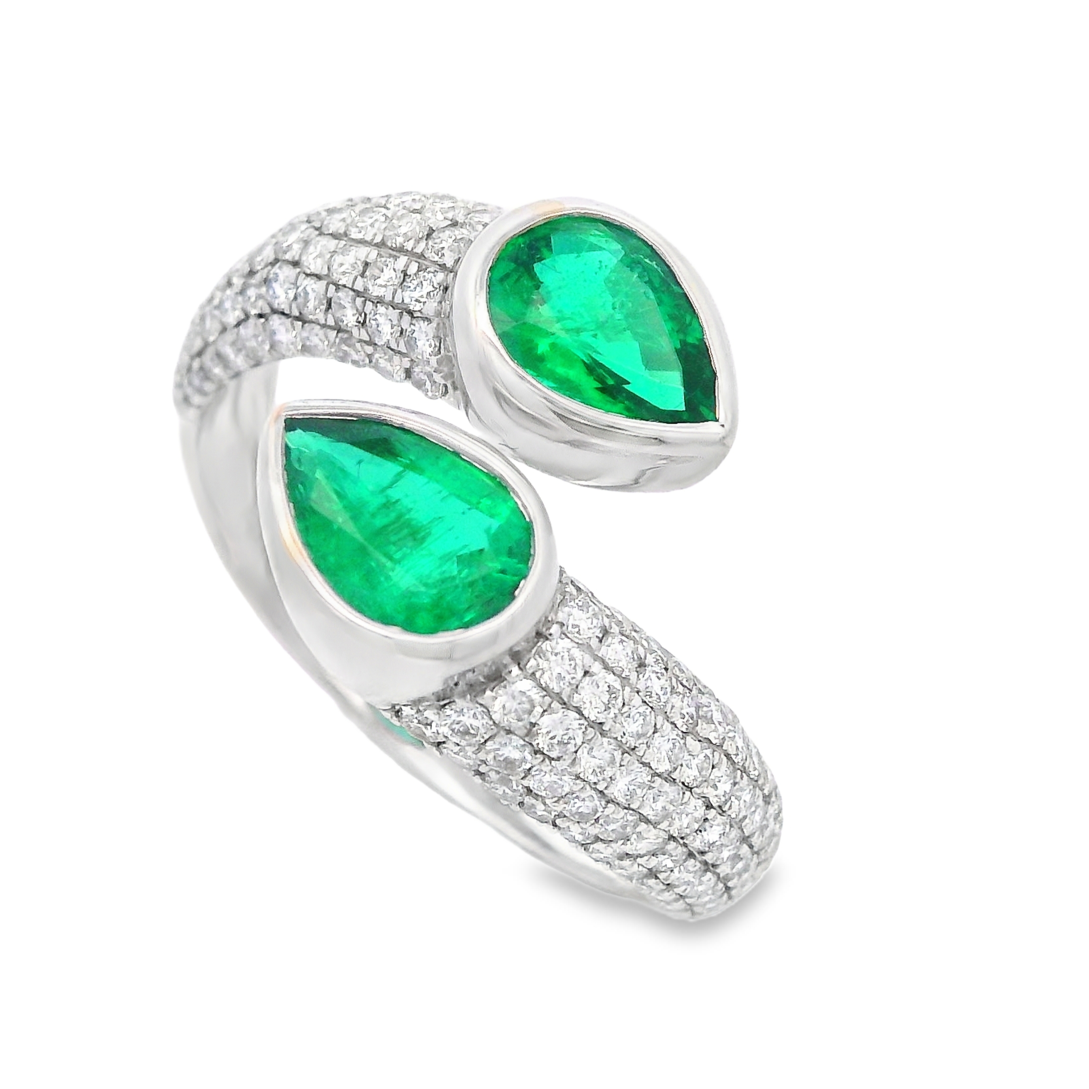 18K White Gold Pear-Cut Emerald and Diamond Bypass Ring