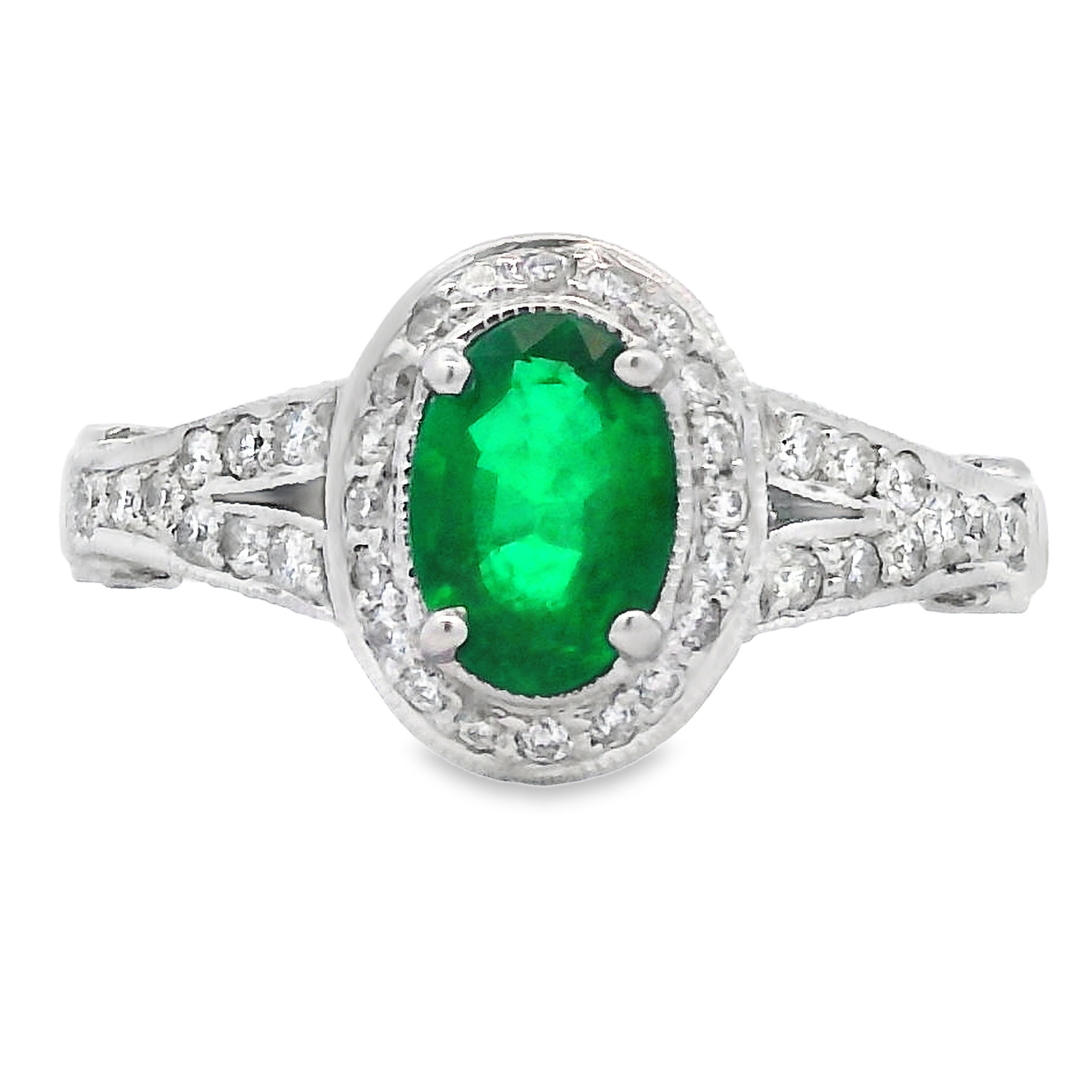 18K White Gold Emerald and Diamond Milgrain Fashion Ring