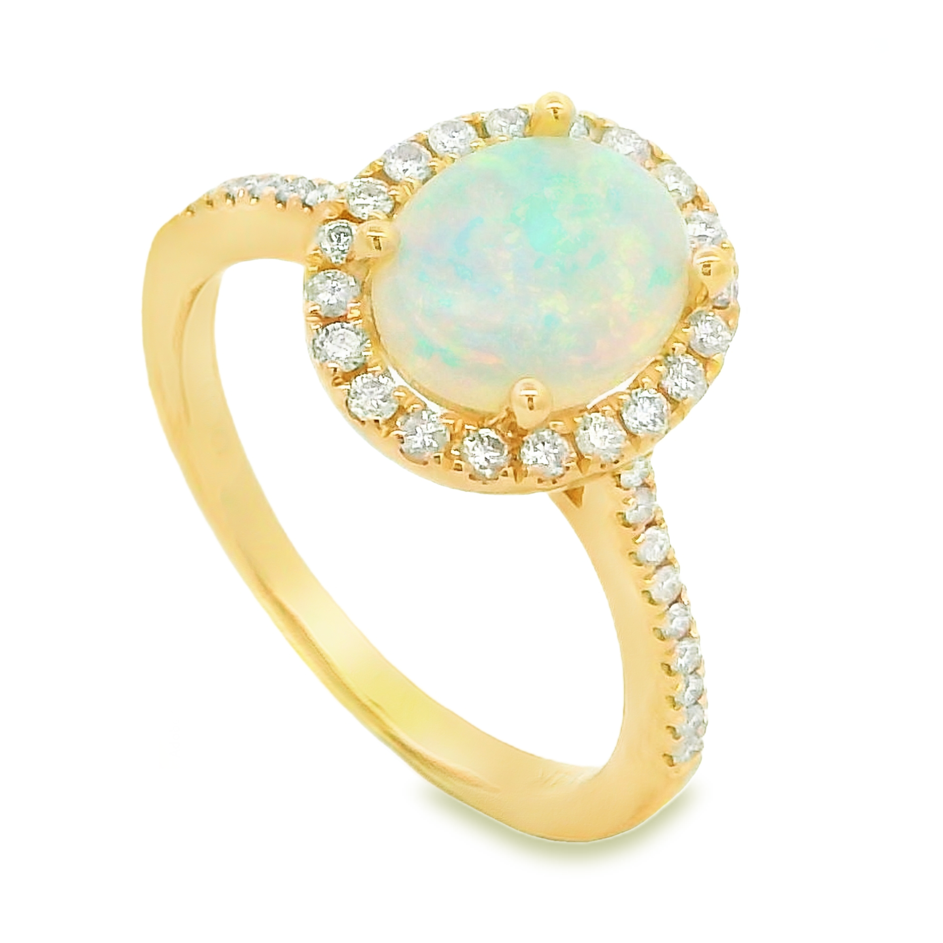14K Yellow Gold Oval Opal & Diamond Halo Ring