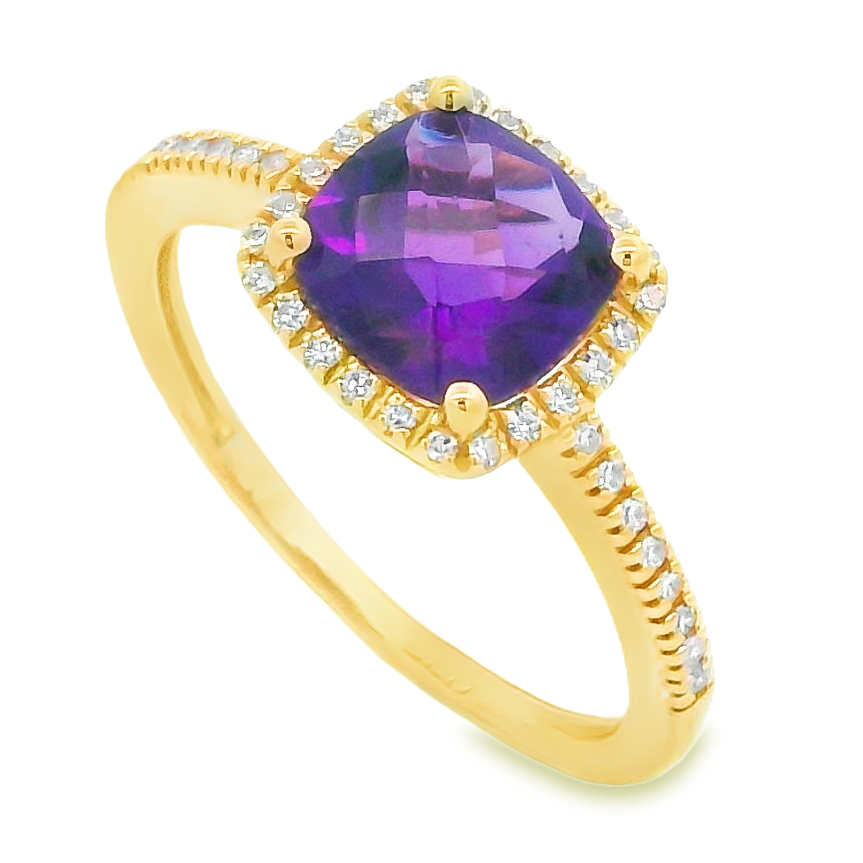 14K Yellow Gold Cushion Amethyst & Diamond Halo Ring