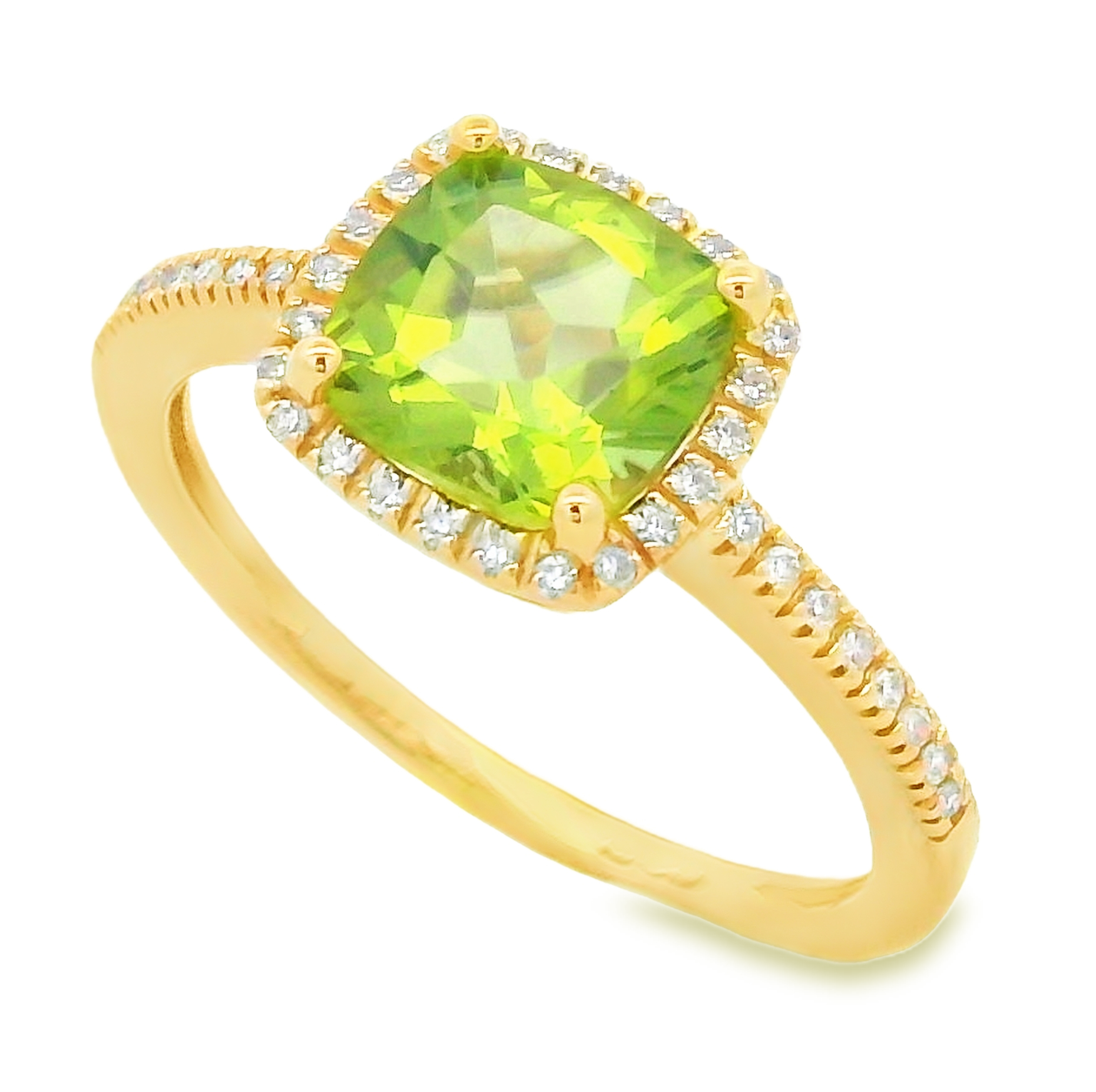 14K Yellow Gold Cushion Peridot & Diamond Halo Ring