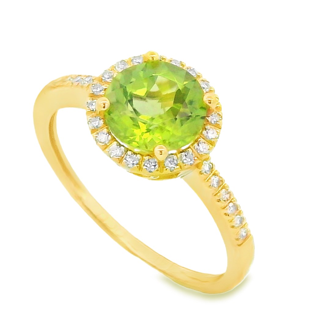 14K Yellow Gold Round Peridot & Diamond Halo Ring