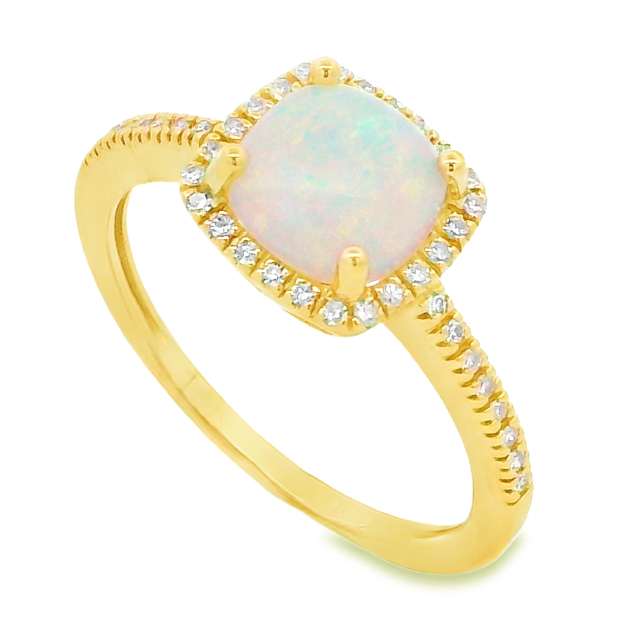 14K Yellow Gold Cushion Opal & Diamond Halo Ring