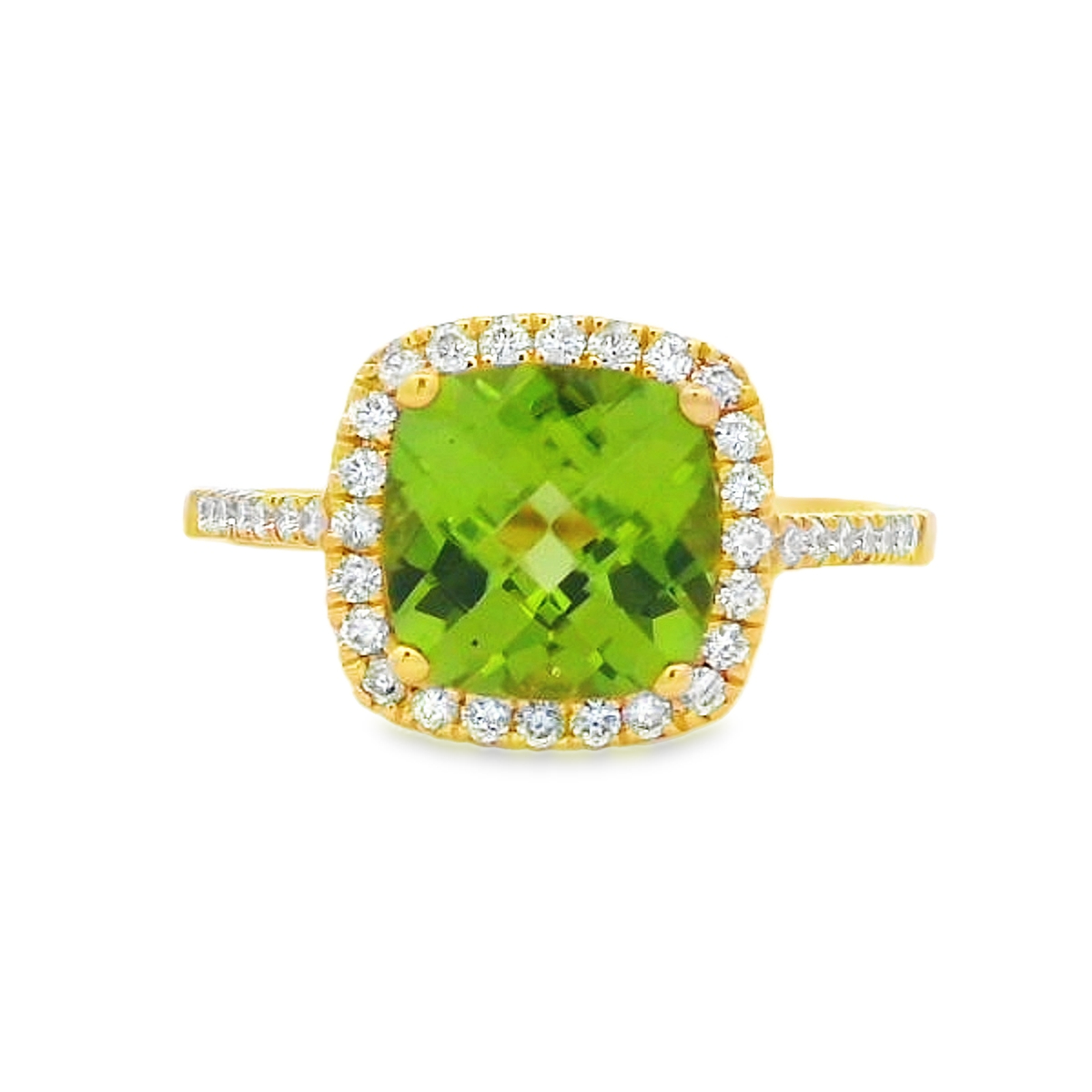 14K Yellow Gold Cushion Peridot & Diamond Halo Ring