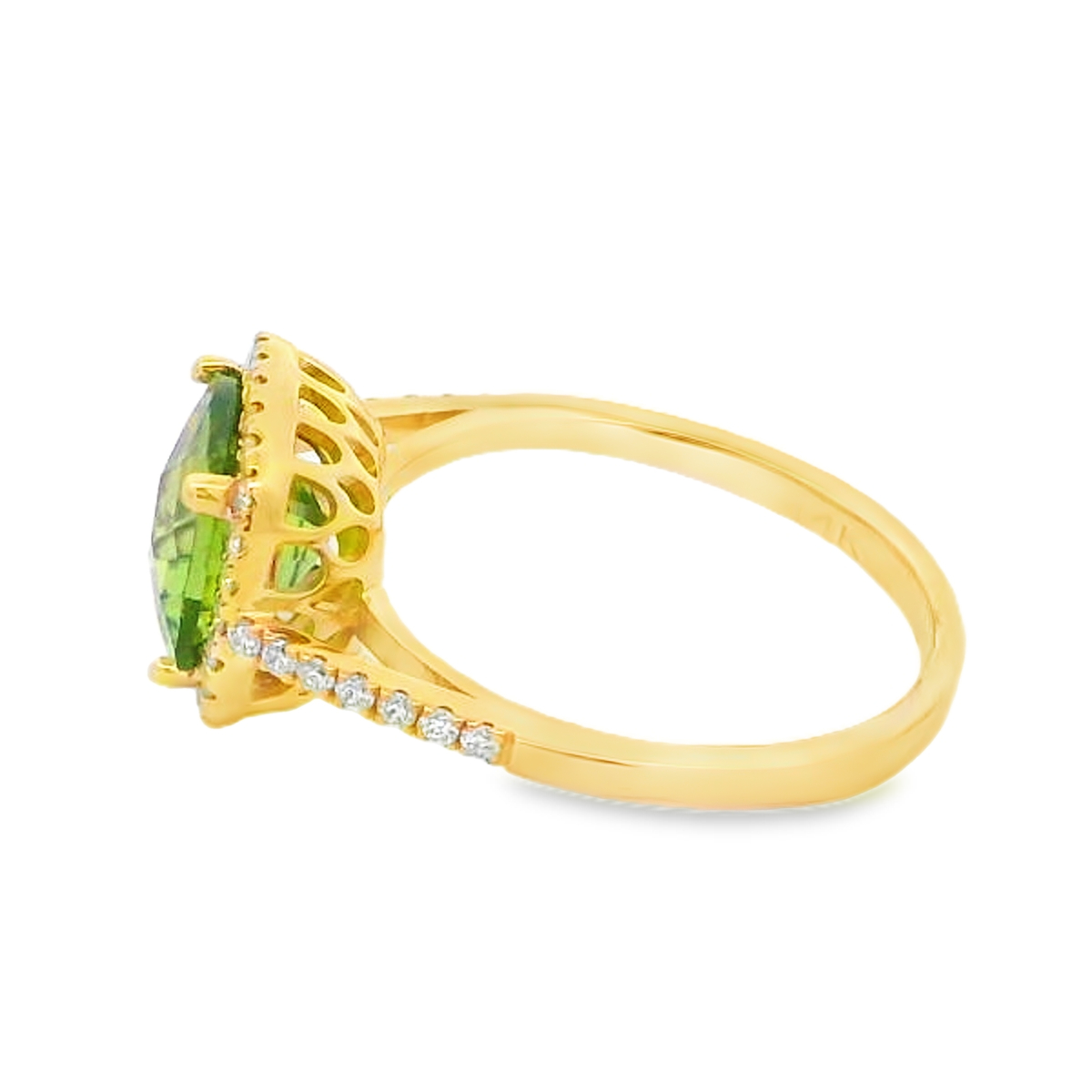 14K Yellow Gold Cushion Peridot & Diamond Halo Ring