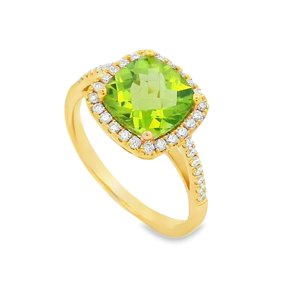 14K Yellow Gold Cushion Peridot & Diamond Halo Ring