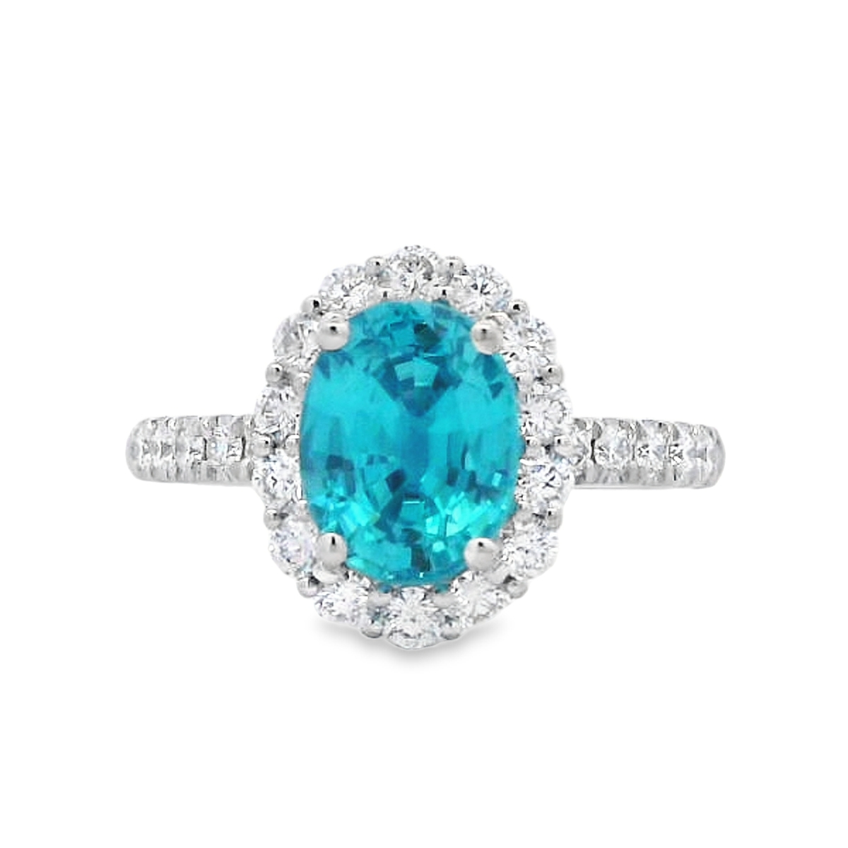 Simon G. Jewelry 18K White Gold Blue Zircon and Diamond Halo Ring