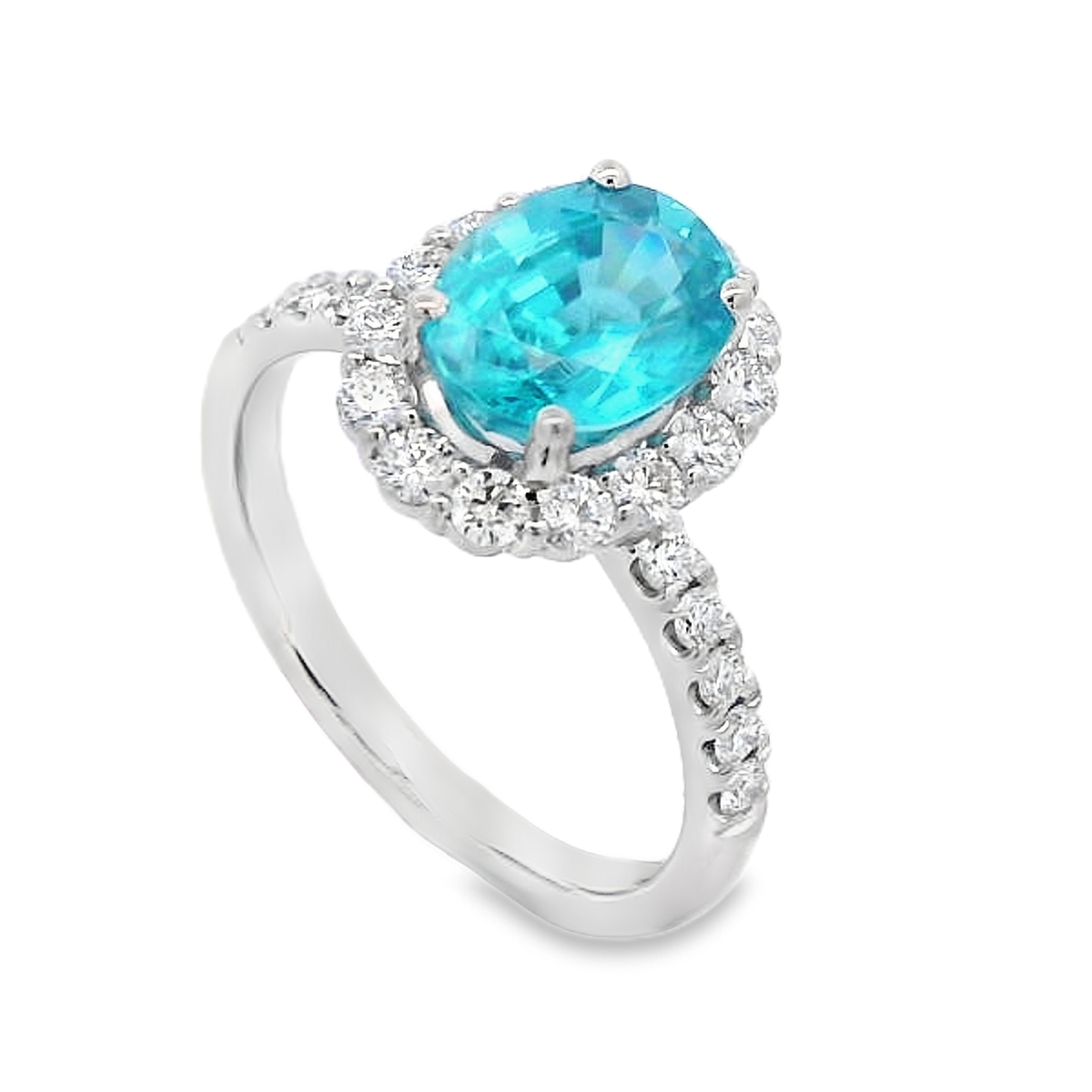 Simon G. Jewelry 18K White Gold Blue Zircon and Diamond Halo Ring