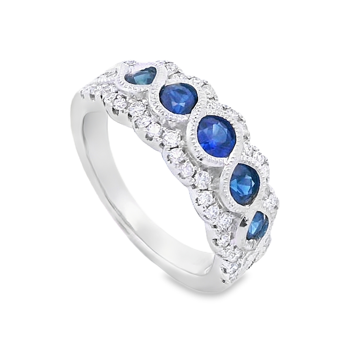 18K White Gold Sapphire & Diamond Milgrain Twist Vintage-Style Ring