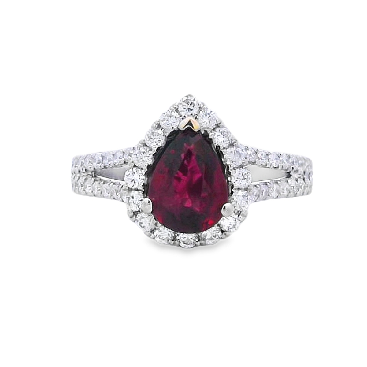 18K White Gold Pear Ruby Diamond Halo and Split-Shank Ring