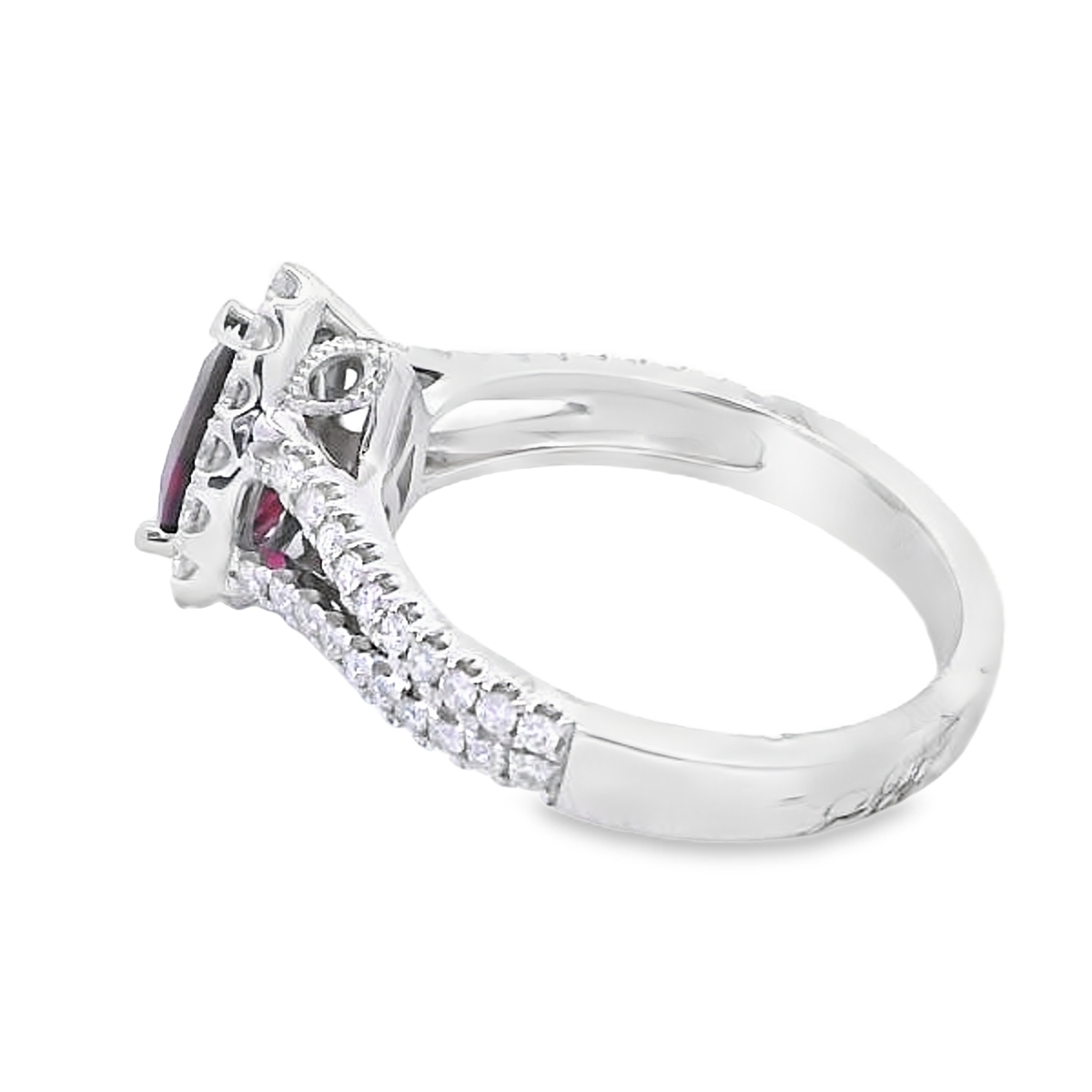 18K White Gold Pear Ruby Diamond Halo and Split-Shank Ring