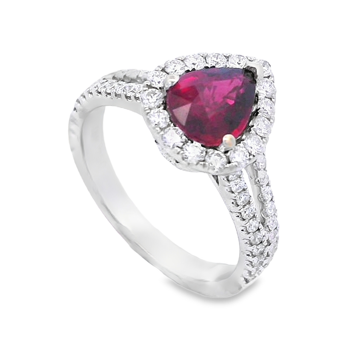 18K White Gold Pear Ruby Diamond Halo and Split-Shank Ring