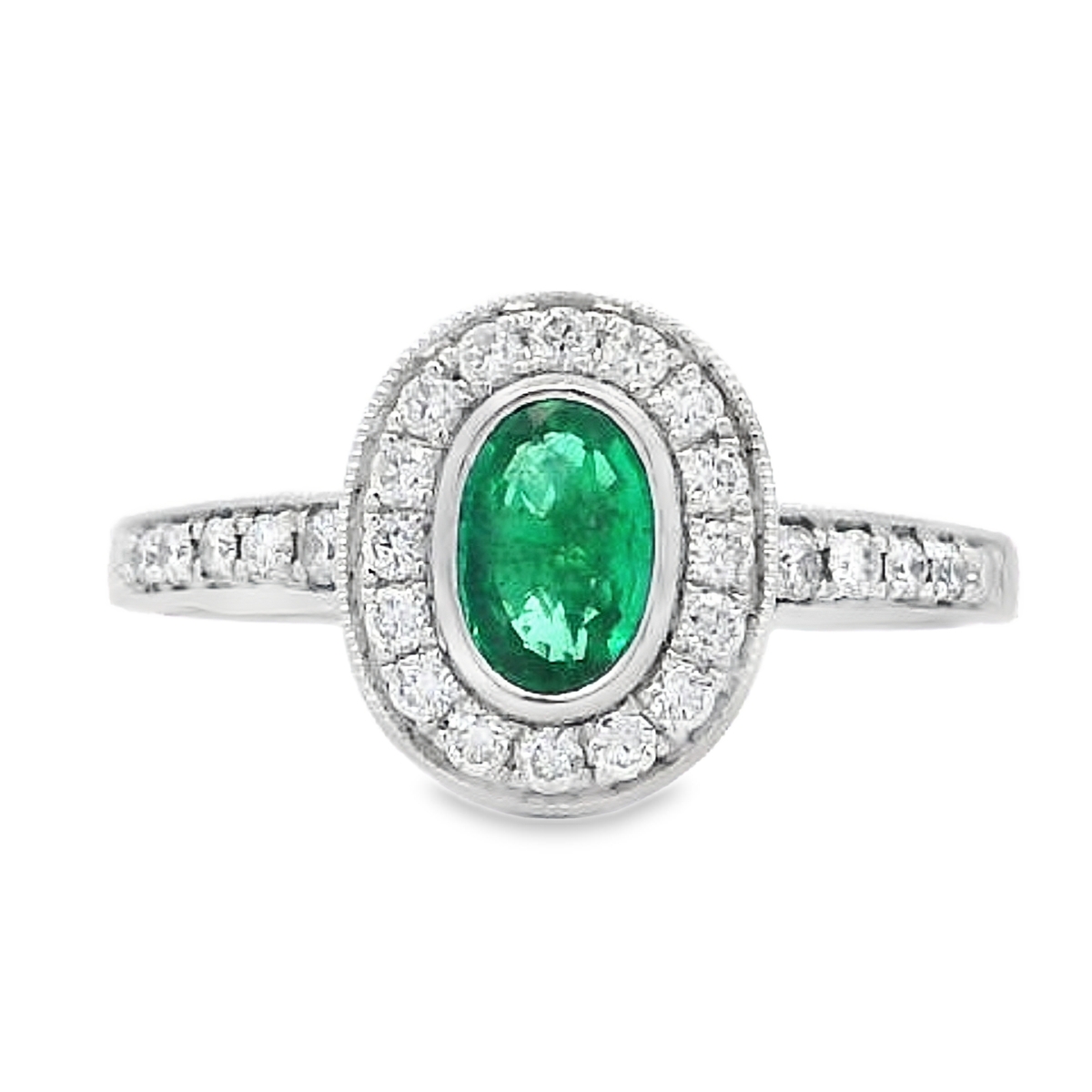 18K White Gold Bezel Emerald and Diamond Halo Ring