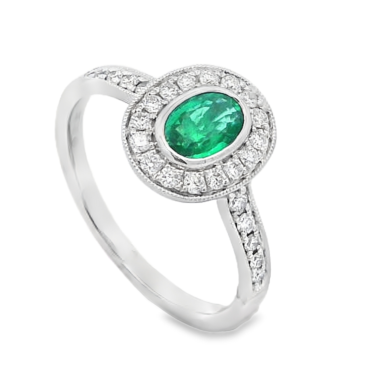 18K White Gold Bezel Emerald and Diamond Halo Ring