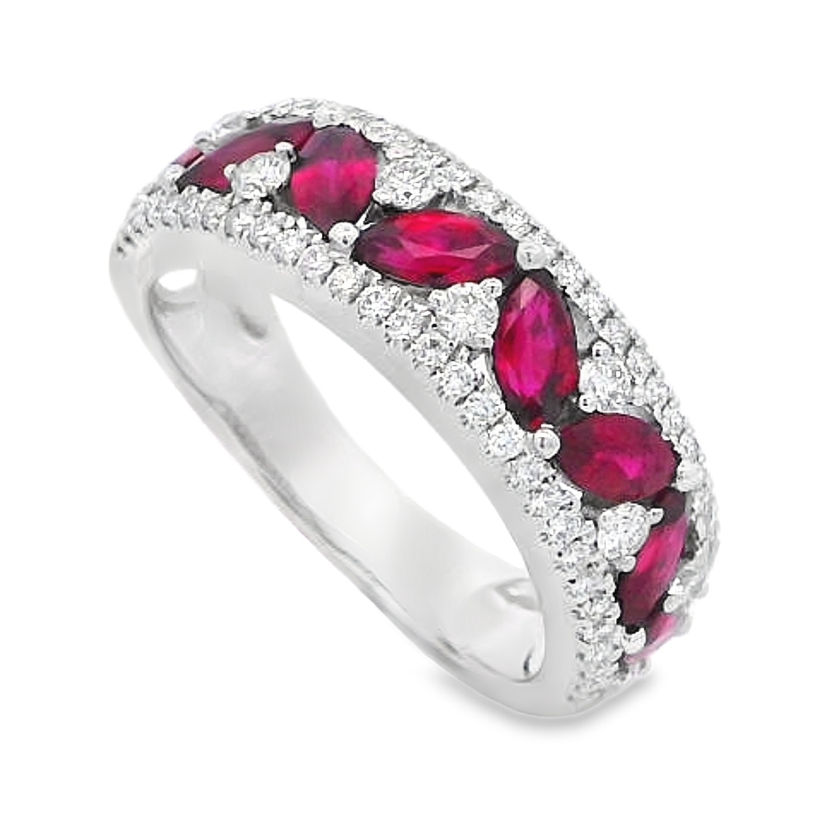 18K White Gold Marquise Ruby & Diamond Alternating Ring