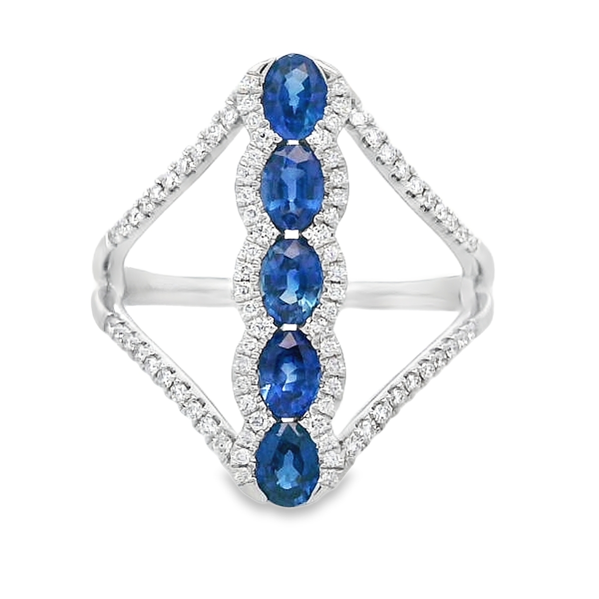18K White Gold Sapphire & Diamond Split-Shank Open Bar Ring
