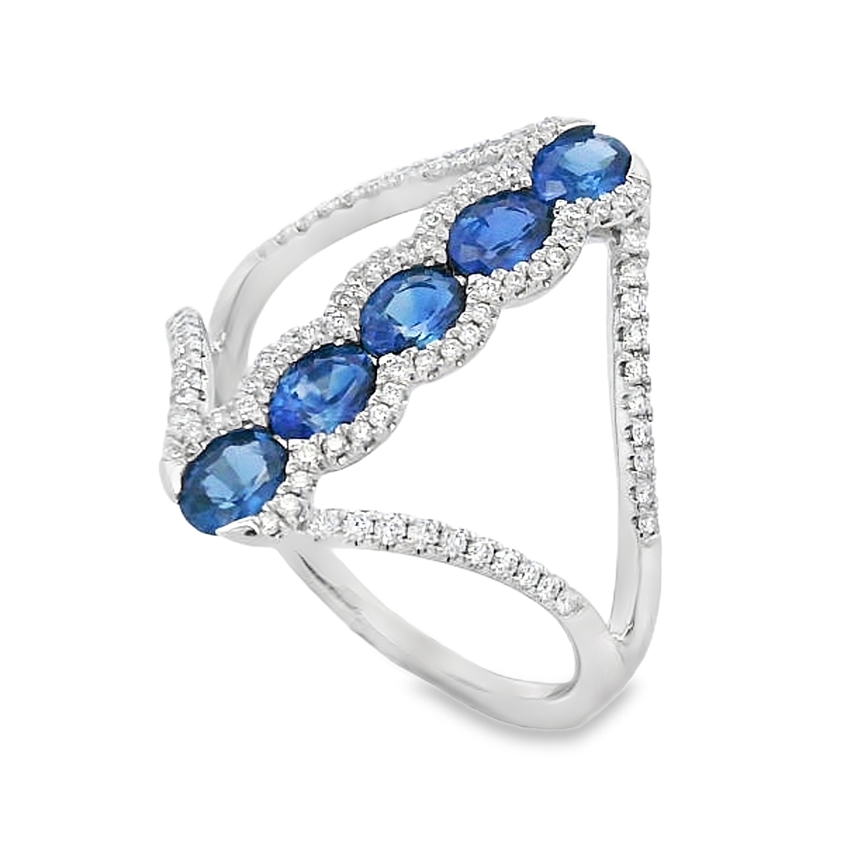 18K White Gold Sapphire & Diamond Split-Shank Open Bar Ring