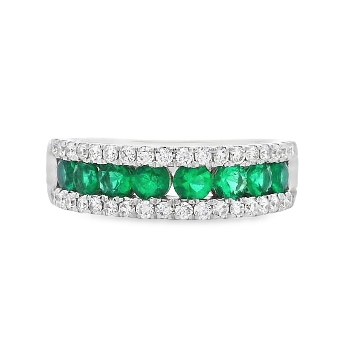 18K White Gold Emerald & Diamond Rows Ring
