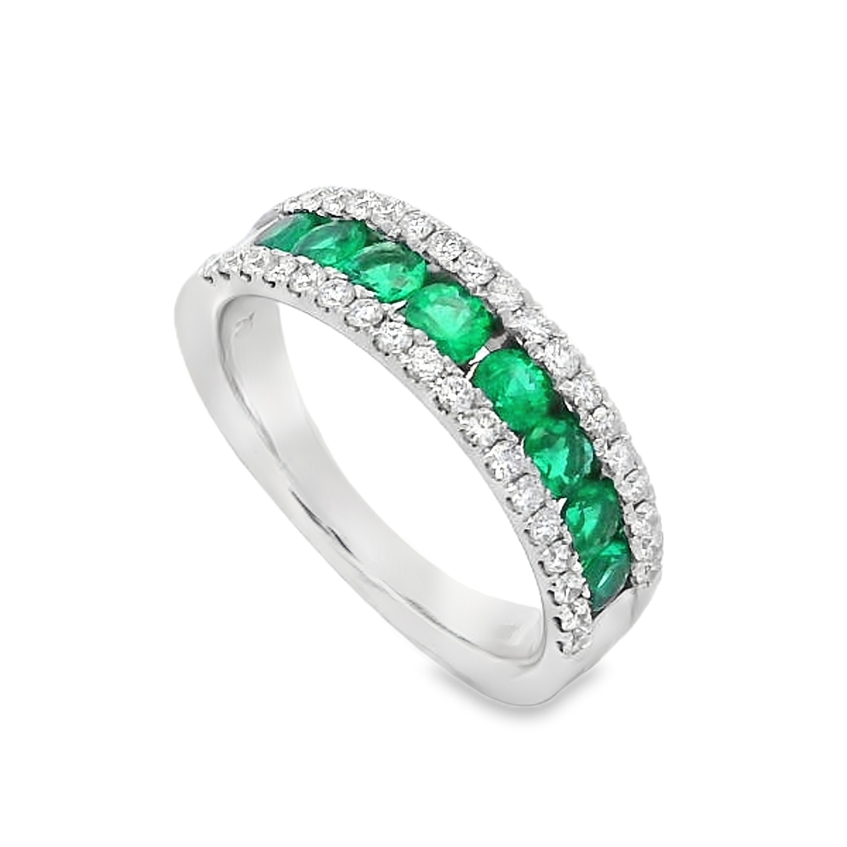 18K White Gold Emerald & Diamond Rows Ring