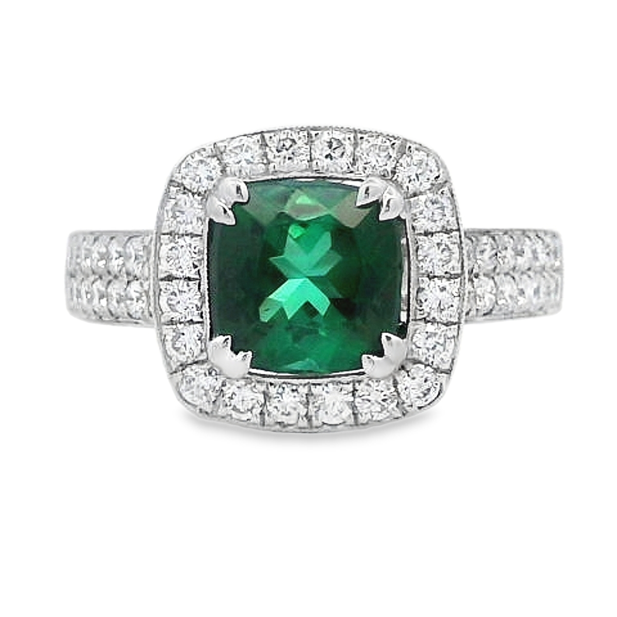 18K White Gold Green Tourmaline and Diamond Halo Ring