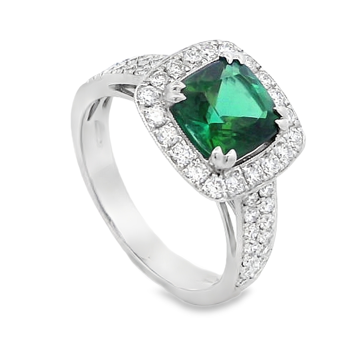18K White Gold Green Tourmaline and Diamond Halo Ring