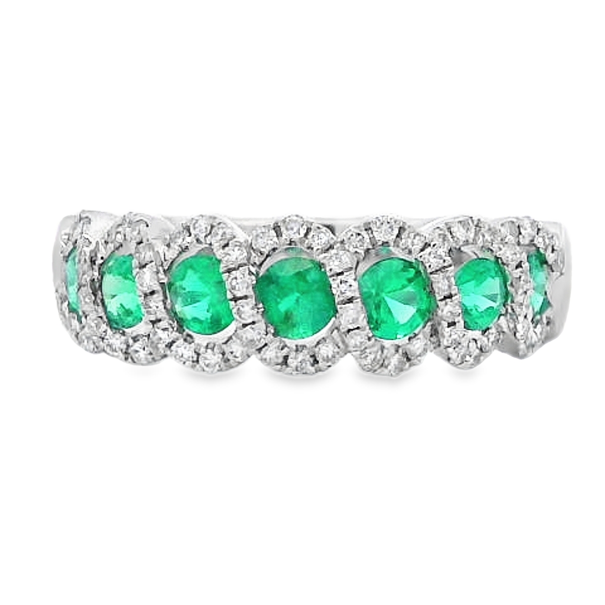 18K White Gold Emerald & Diamond Twist Halo Ring