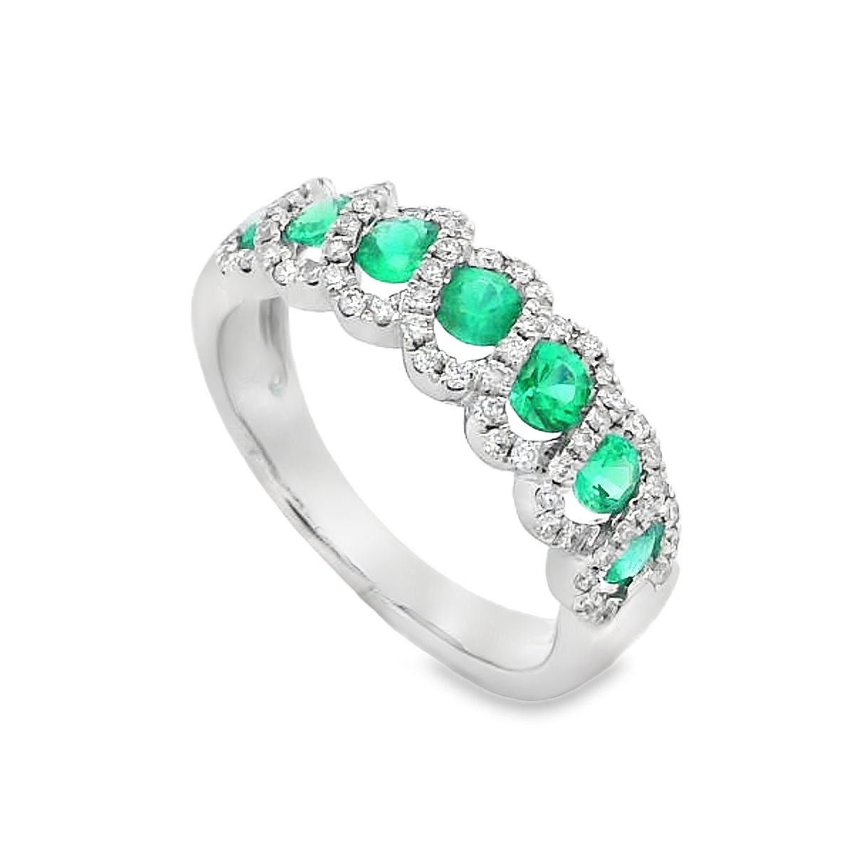 18K White Gold Emerald & Diamond Twist Halo Ring