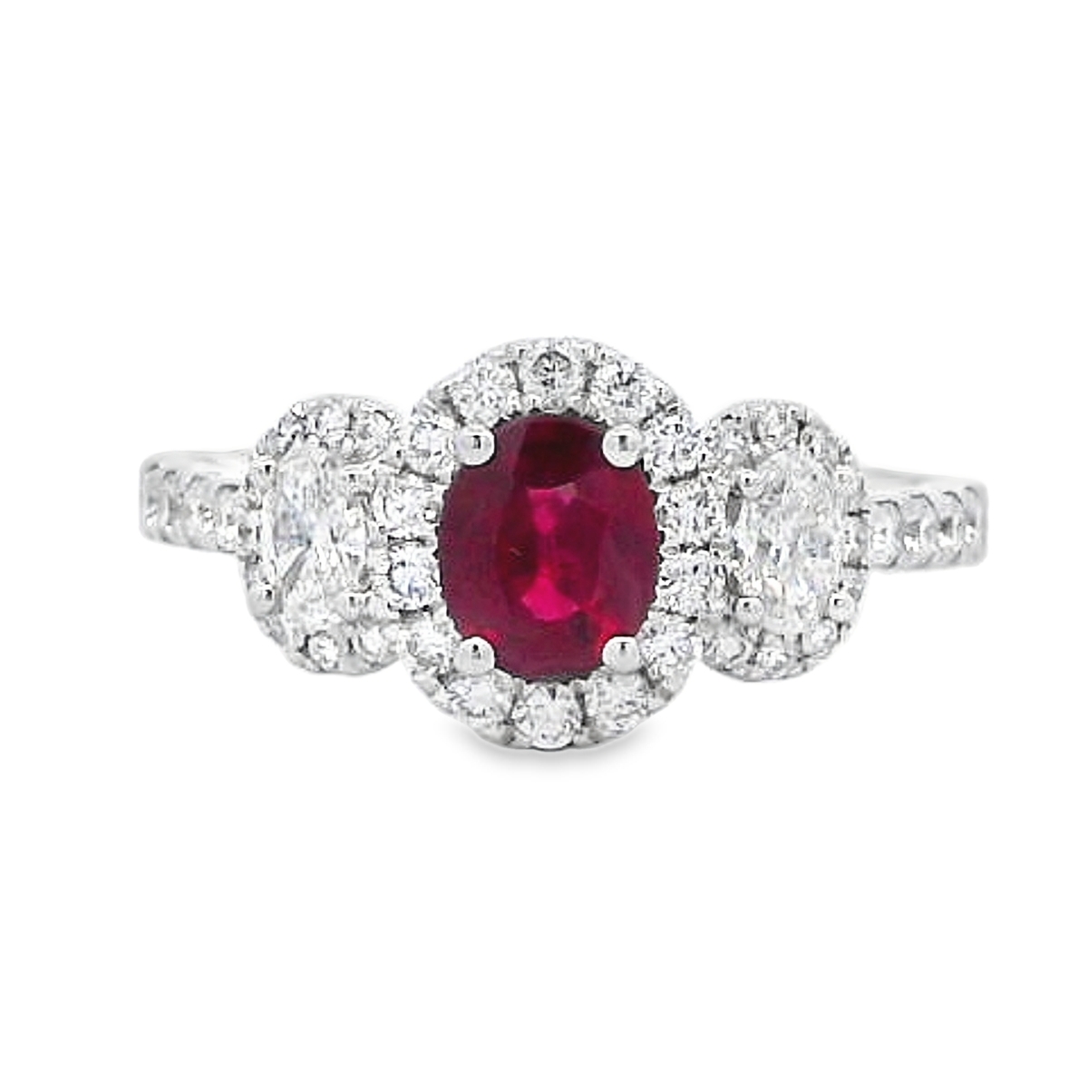 18K White Gold Ruby and Diamond 3-Stone Halo Ring