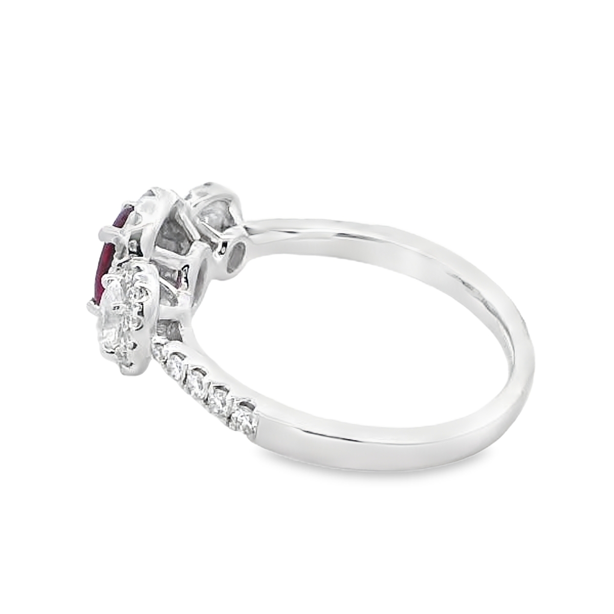 18K White Gold Ruby and Diamond 3-Stone Halo Ring